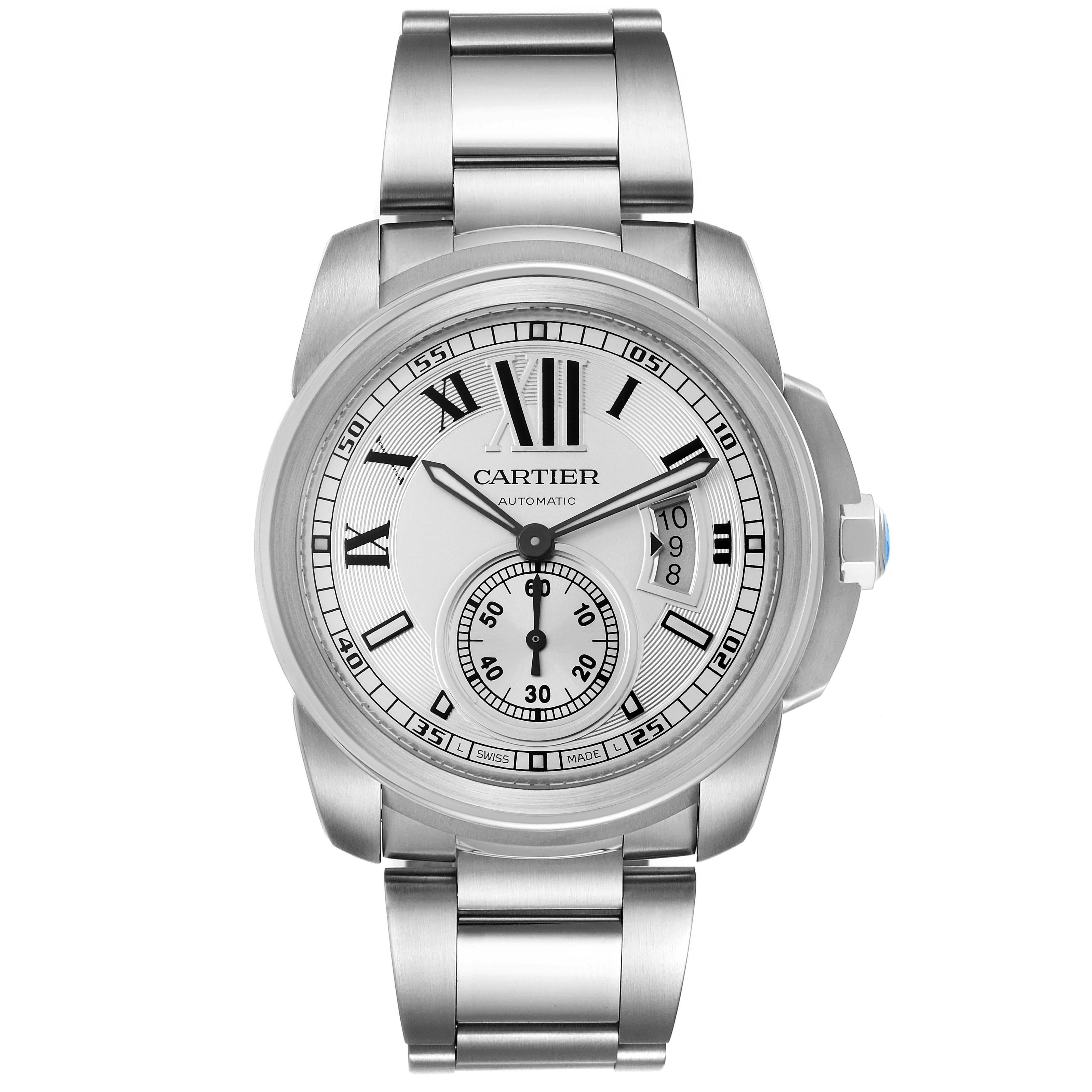 This image shows a front view of a Calibre de Cartier watch by Cartier, displaying its face and metal bracelet.