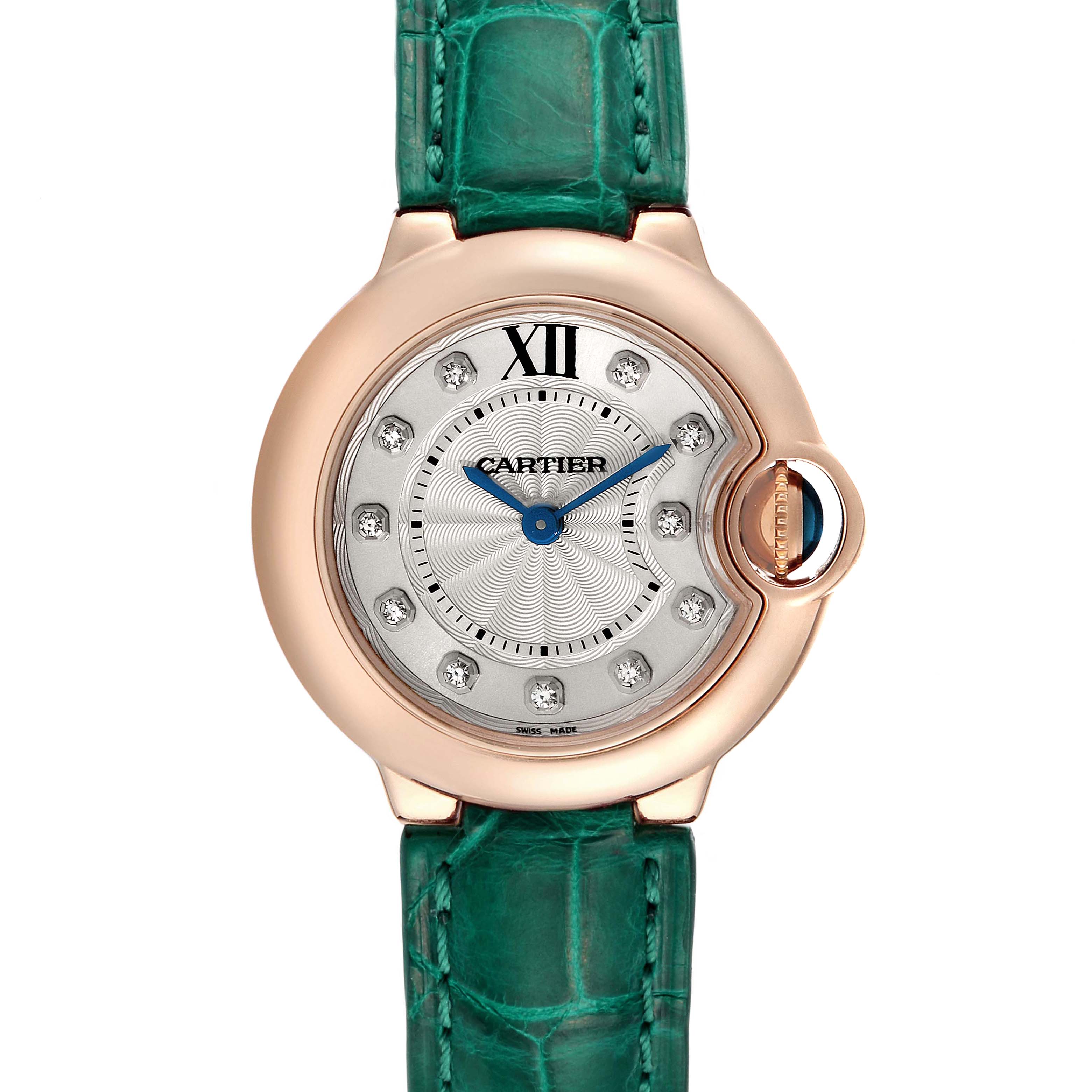 The Cartier Ballon Bleu WE902050 Women's Rose Gold Silver Dial WE902050 Women's Rose Gold Silver Dial watch is shown from a front angle, featuring a rose gold case and green alligator leather strap.