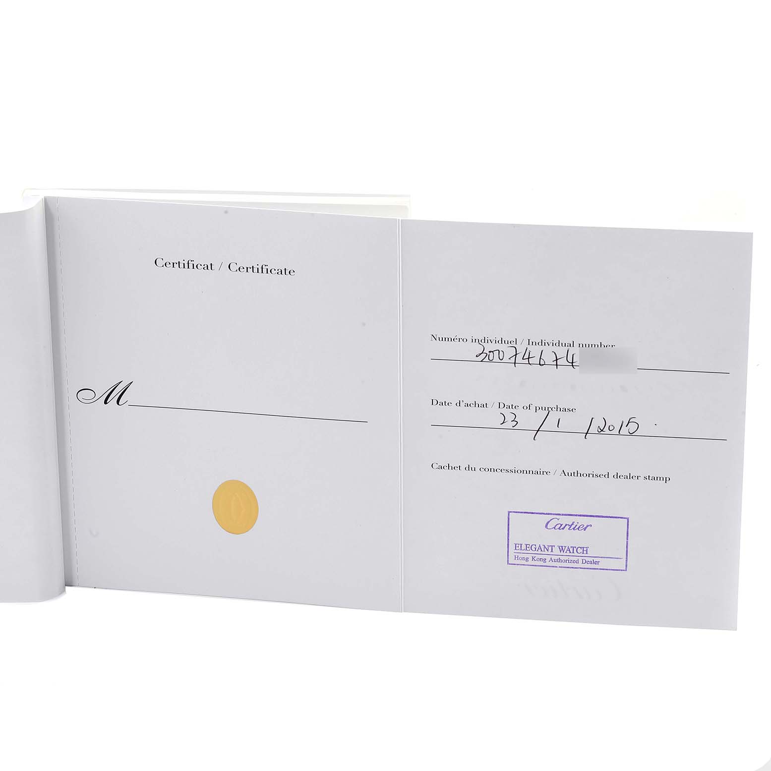 The image shows an open warranty certificate booklet for the Ballon Bleu model by Cartier.