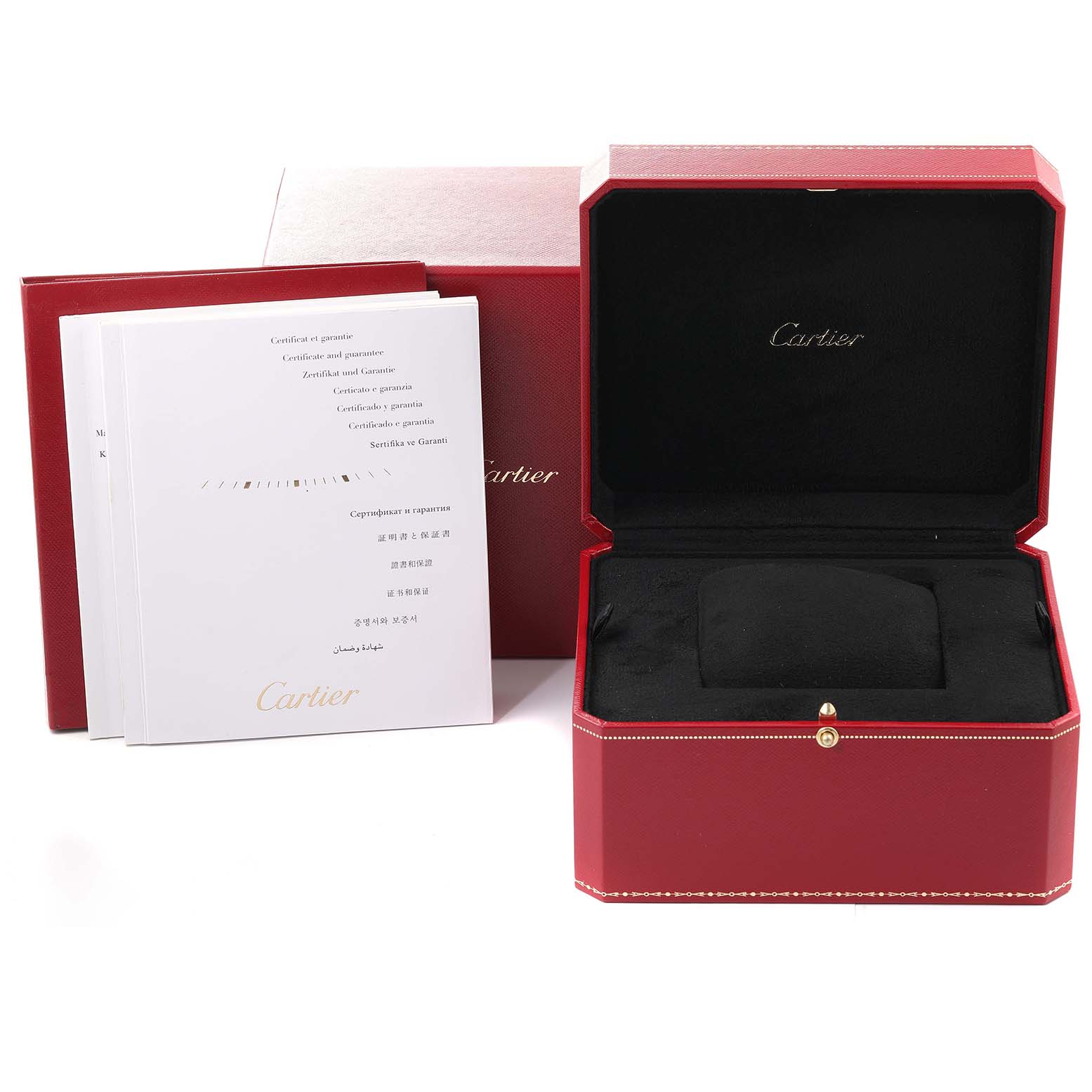 This image shows the red watch box and warranty certificates for the Ballon Bleu model by Cartier.