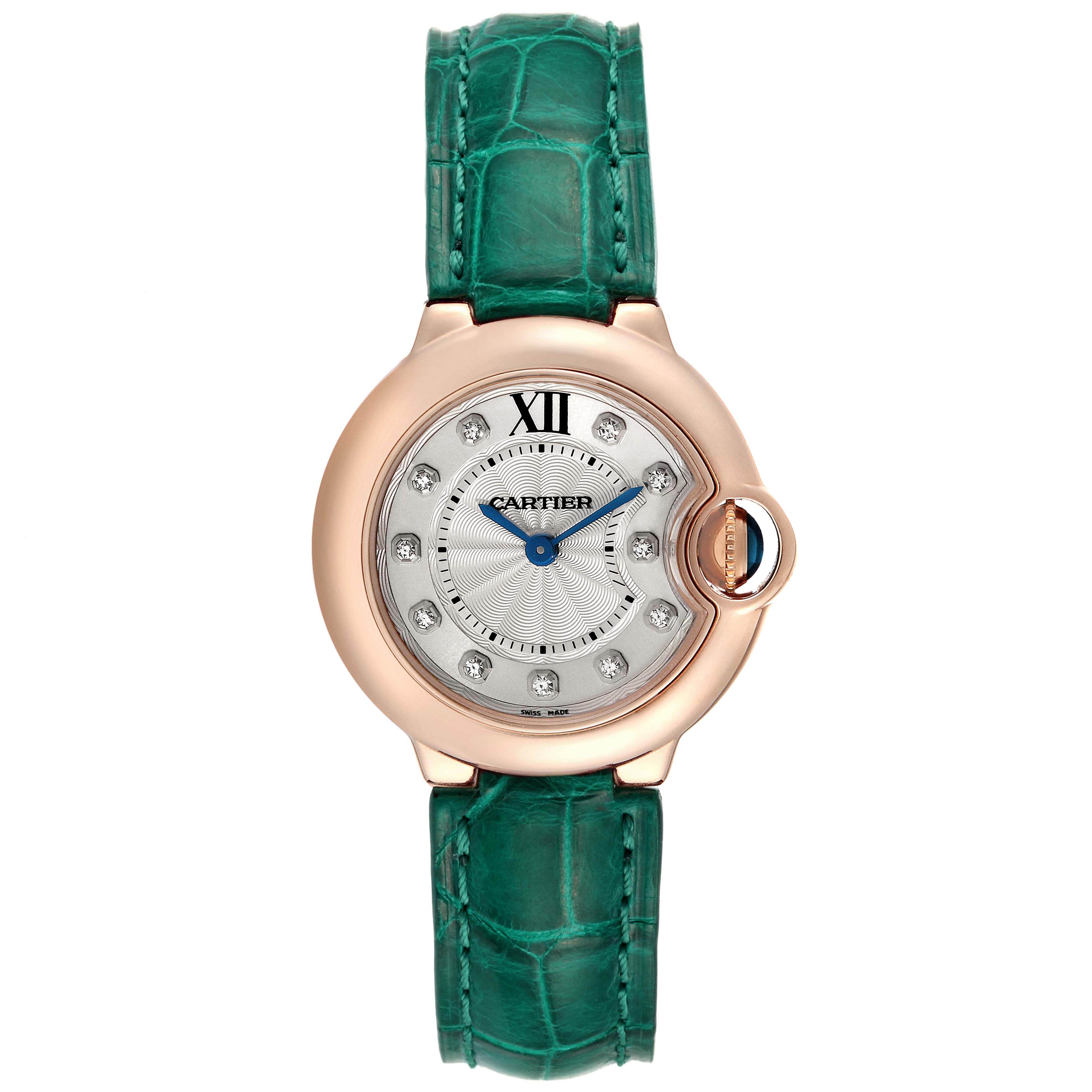 The image shows a front view of the Cartier Ballon Bleu WE902050 Women's Rose Gold Silver Dial WE902050 Women's Rose Gold Silver Dial watch with a green strap and a rose gold casing.