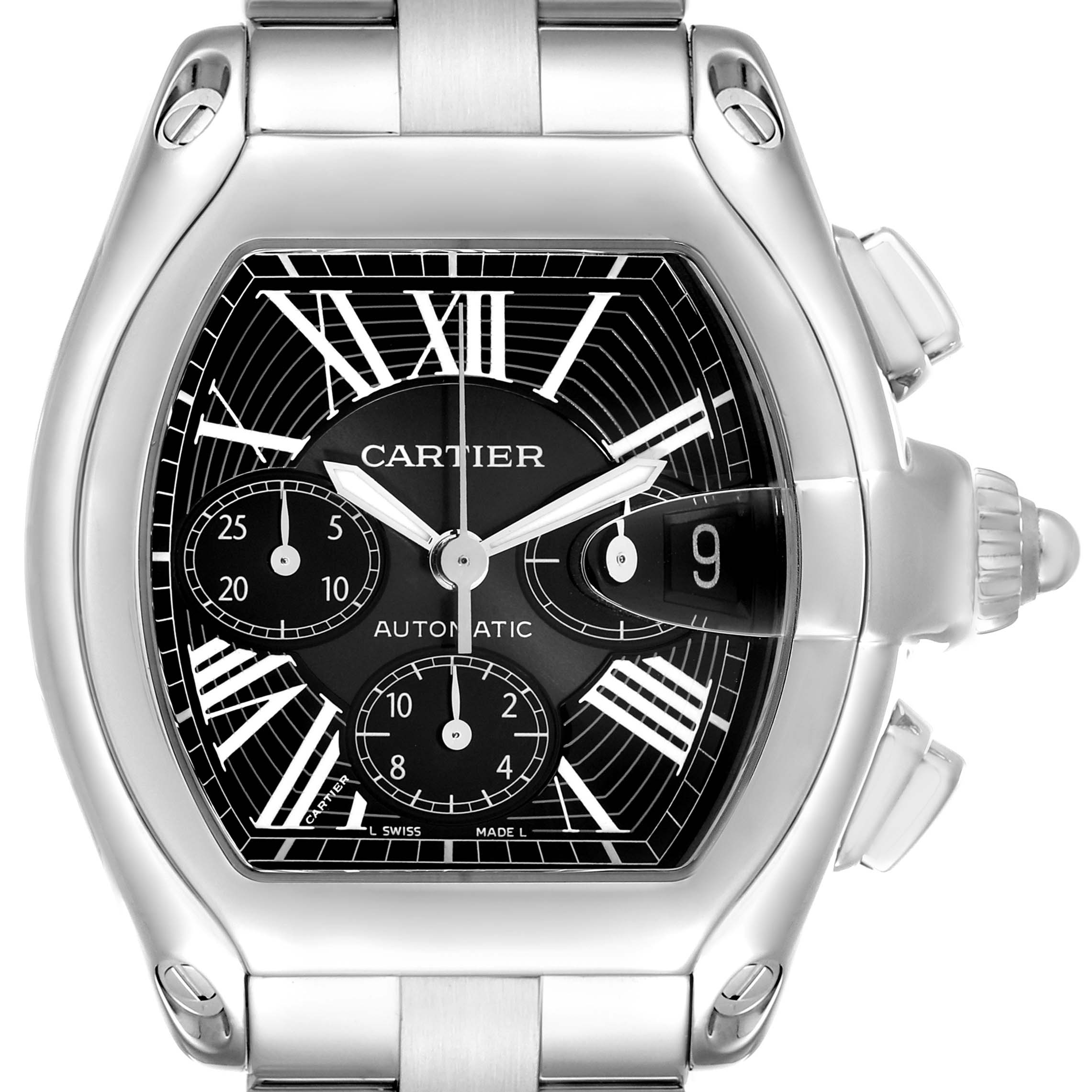 The Cartier Roadster W62020X6 Men's Stainless Steel Black Dial watch is shown from a front angle, highlighting its dial, crown, and chronograph sub-dials.