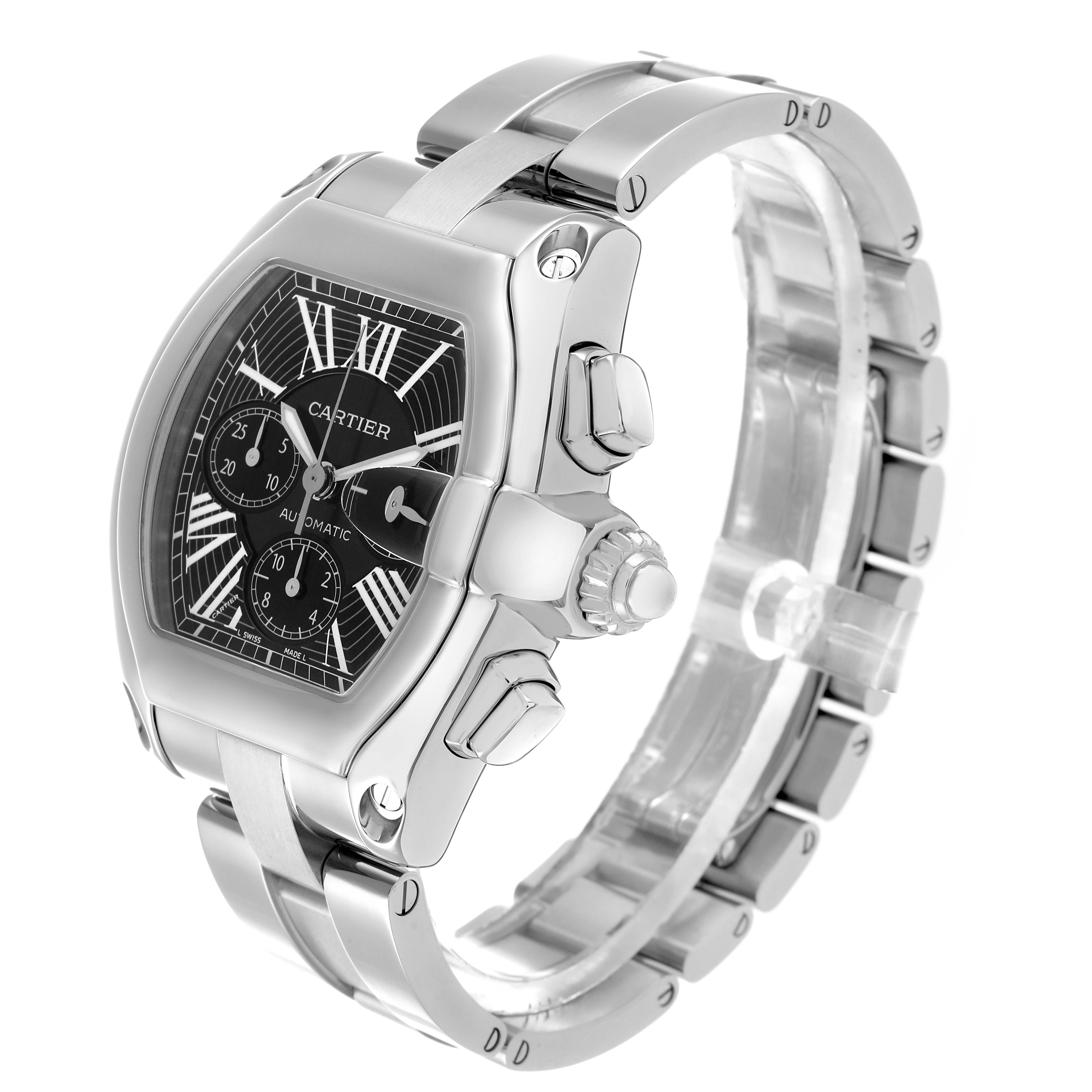 The Cartier Roadster W62020X6 Men's Stainless Steel Black Dial watch is shown at a three-quarter angle, highlighting the dial, crown, and stainless steel bracelet.