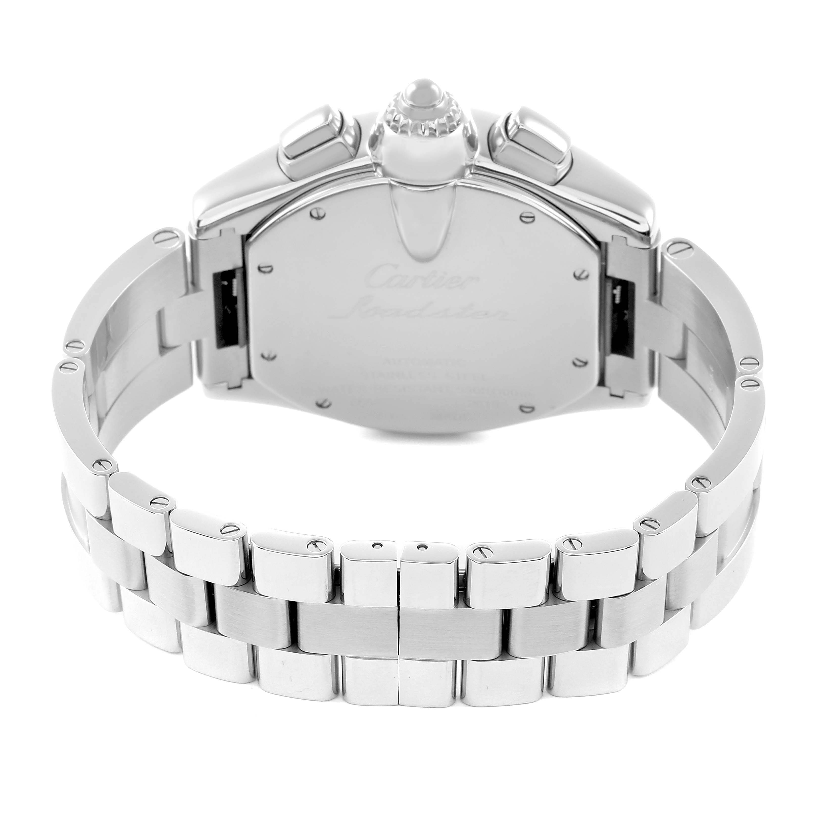 The Cartier Roadster W62020X6 Men's Stainless Steel Black Dial watch is shown from the back, displaying the case back, crown, and metal bracelet.
