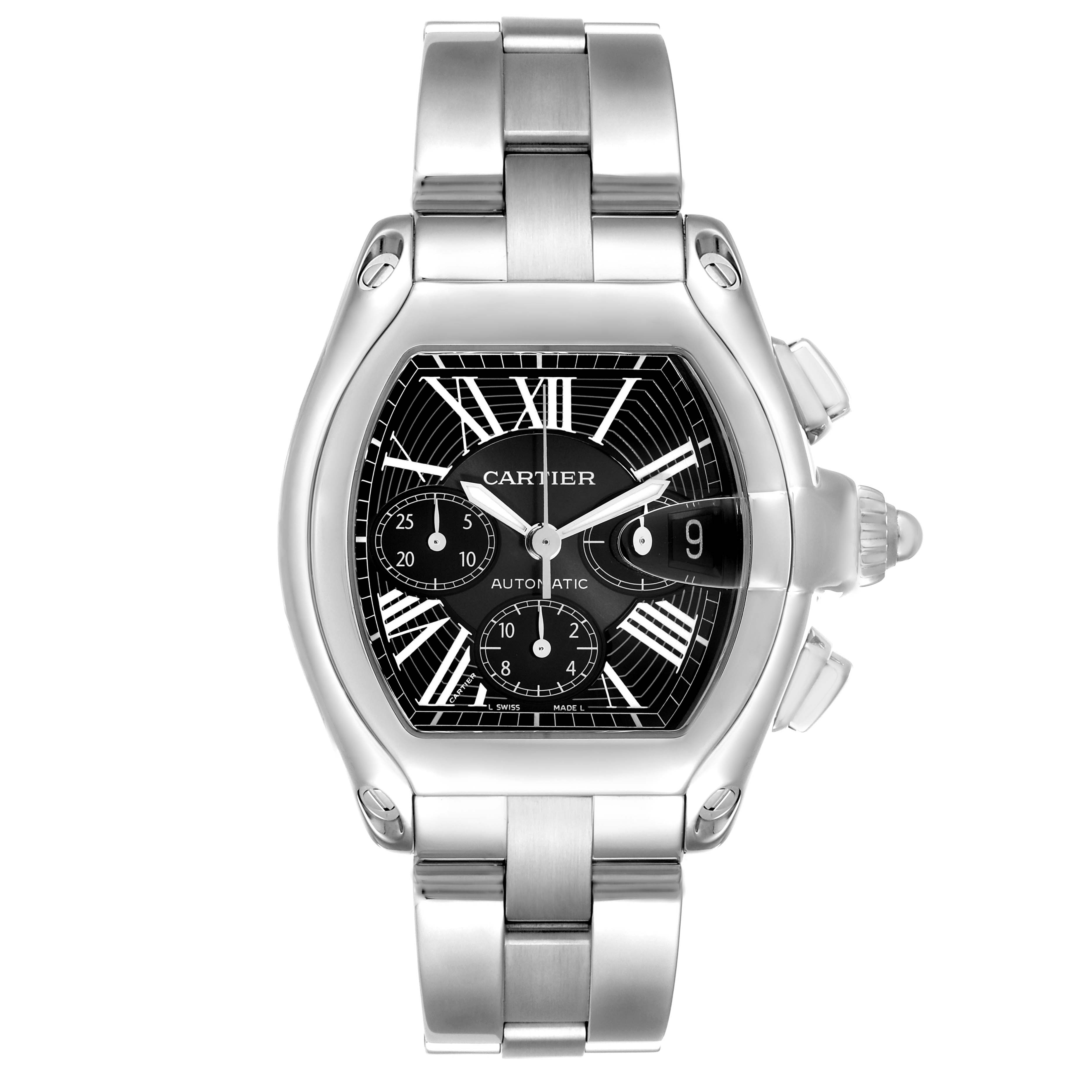 The Cartier Roadster W62020X6 Men's Stainless Steel Black Dial watch is shown from a front angle, highlighting its face, case, and bracelet.