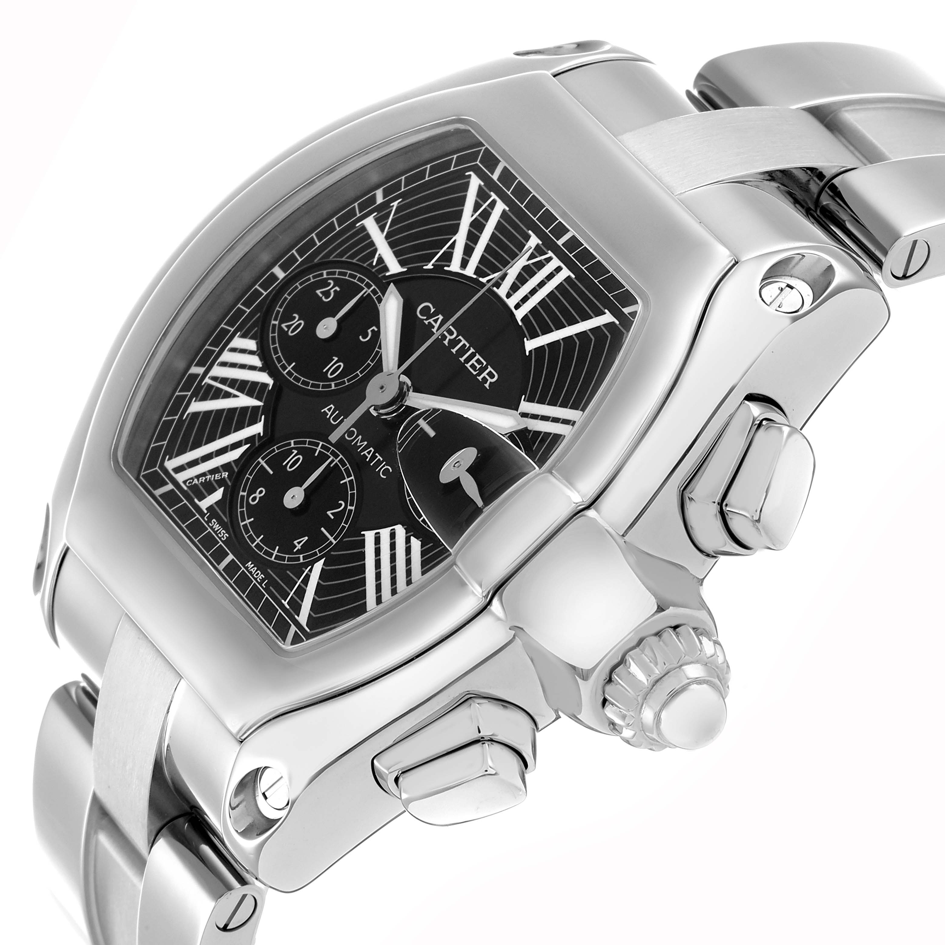 The Cartier Roadster W62020X6 Men's Stainless Steel Black Dial watch is shown at an angle highlighting its dial, crown, and bracelet.