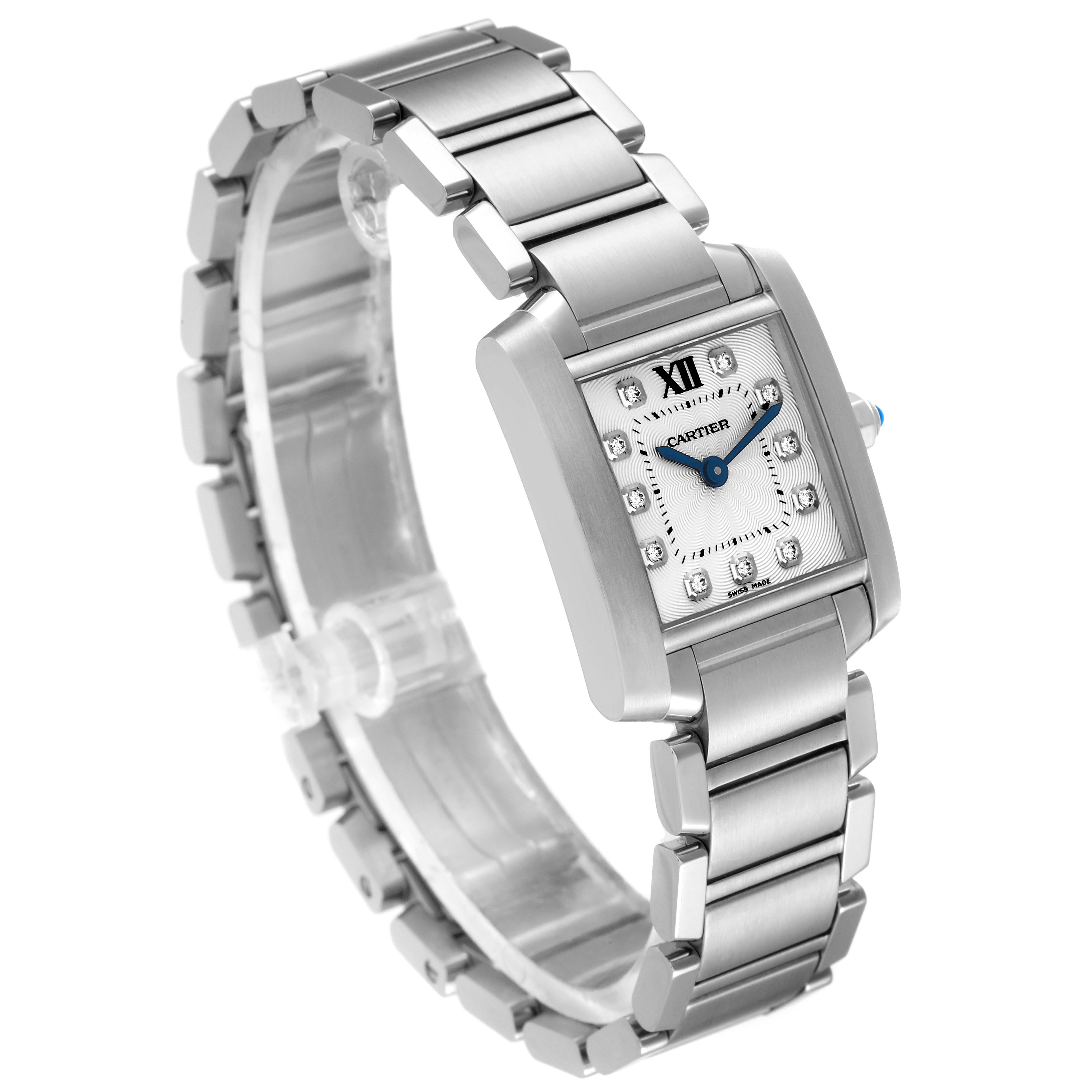 The image shows a side angle view of the Cartier Tank Francaise WE110006 Women's Stainless Steel Silver Dial WE110006 Women's Stainless Steel Silver Dial watch, displaying its bracelet, crown, and rectangular dial.