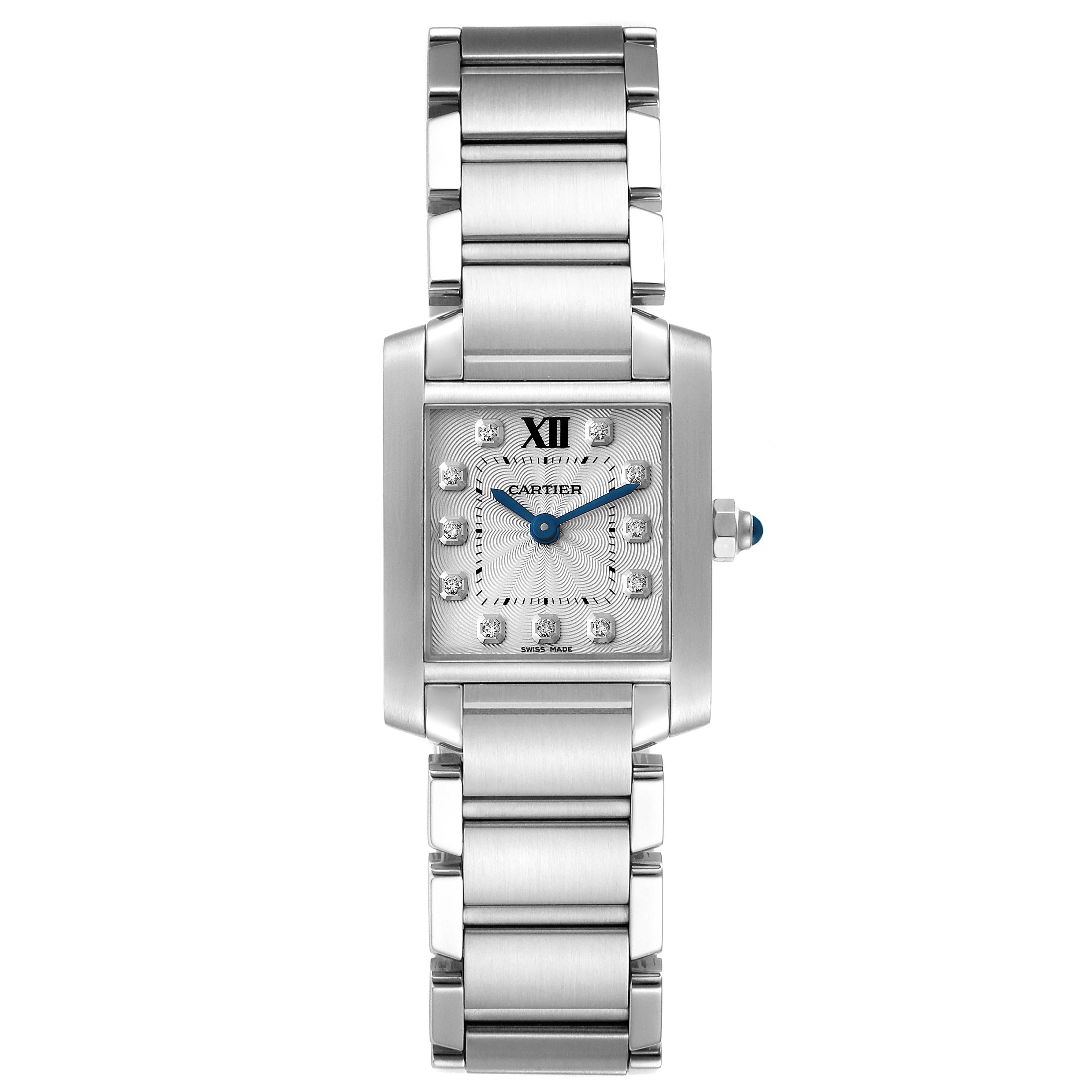 This image shows a Cartier Tank Francaise WE110006 Women's Stainless Steel Silver Dial WE110006 Women's Stainless Steel Silver Dial watch from a straight-on angle, displaying the rectangular face, bezel, and metal bracelet.