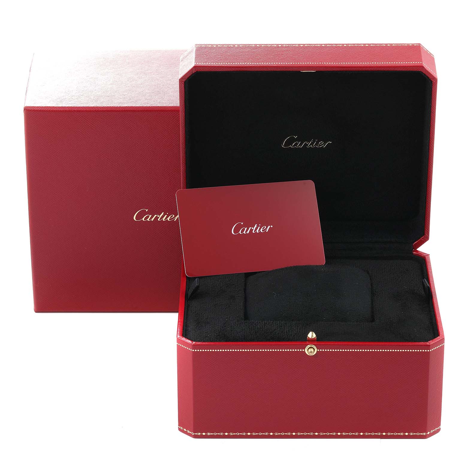The image shows an open Cartier Tank Francaise WE110006 Women's Stainless Steel Silver Dial WE110006 Women's Stainless Steel Silver Dial watch box with a red card inside.