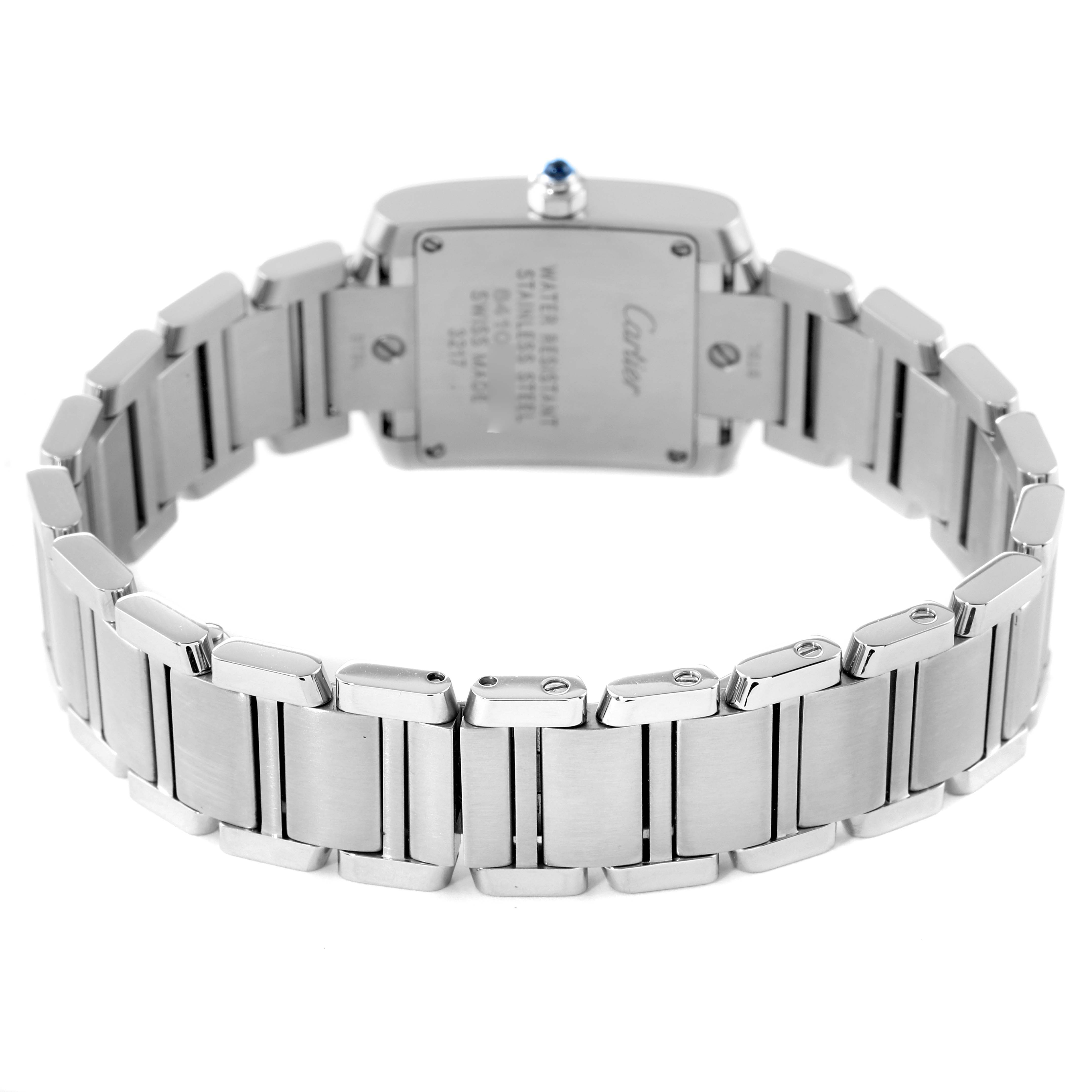 The image shows the back view of a Cartier Tank Française watch, highlighting the bracelet and case back.