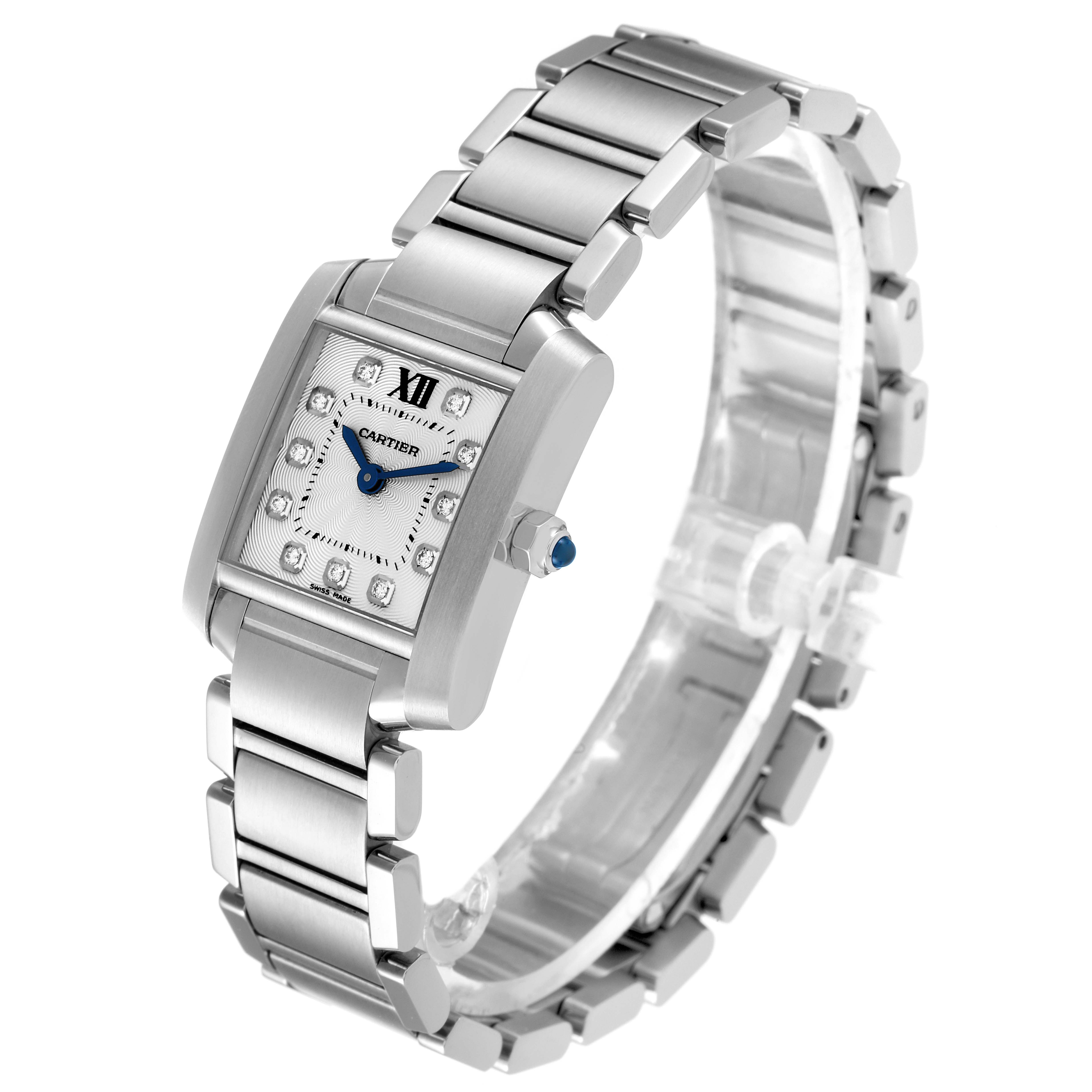 This image shows a Cartier Tank Francaise WE110006 Women's Stainless Steel Silver Dial WE110006 Women's Stainless Steel Silver Dial watch from an angled side view, highlighting the bracelet and dial with blue hands and diamond markers.