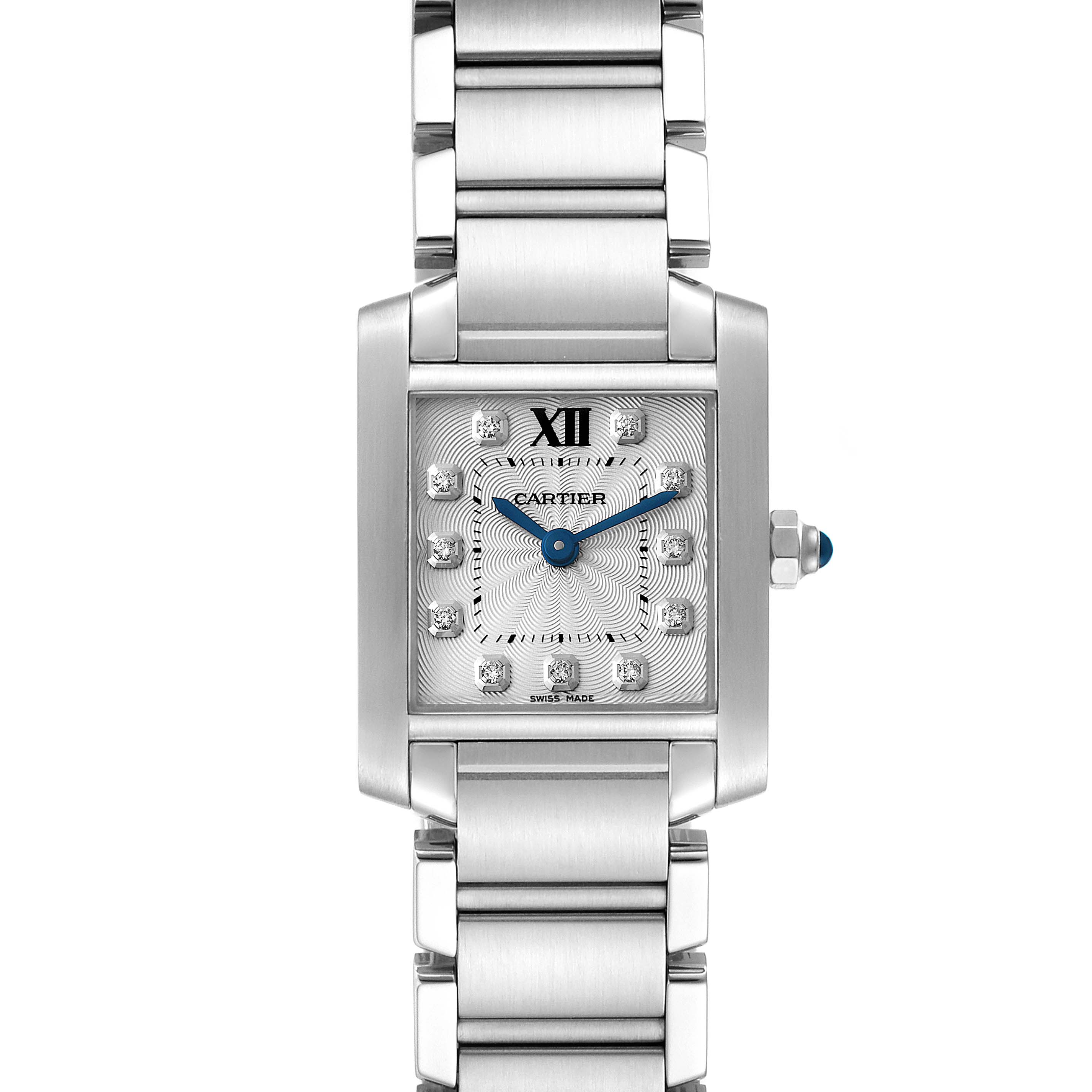 This image shows a front view of the Cartier Tank Française watch, displaying its face and bracelet.
