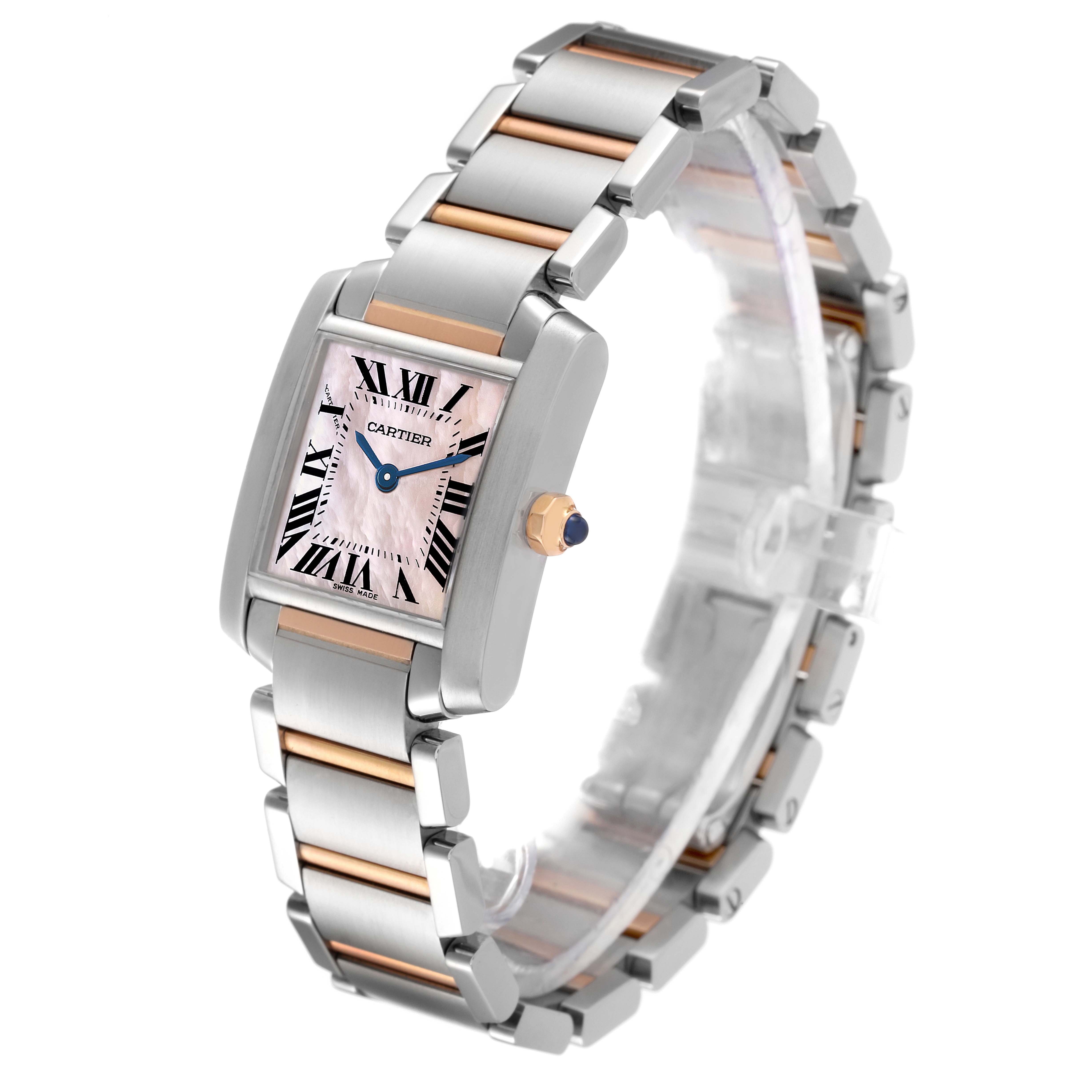 The image shows a side angle of the Cartier Tank Francaise W51027Q4 Women's Stainless Steel Mother of Pearl Dial W51027Q4 Women's Stainless Steel Mother of Pearl Dial watch, highlighting its face, crown, and bracelet.