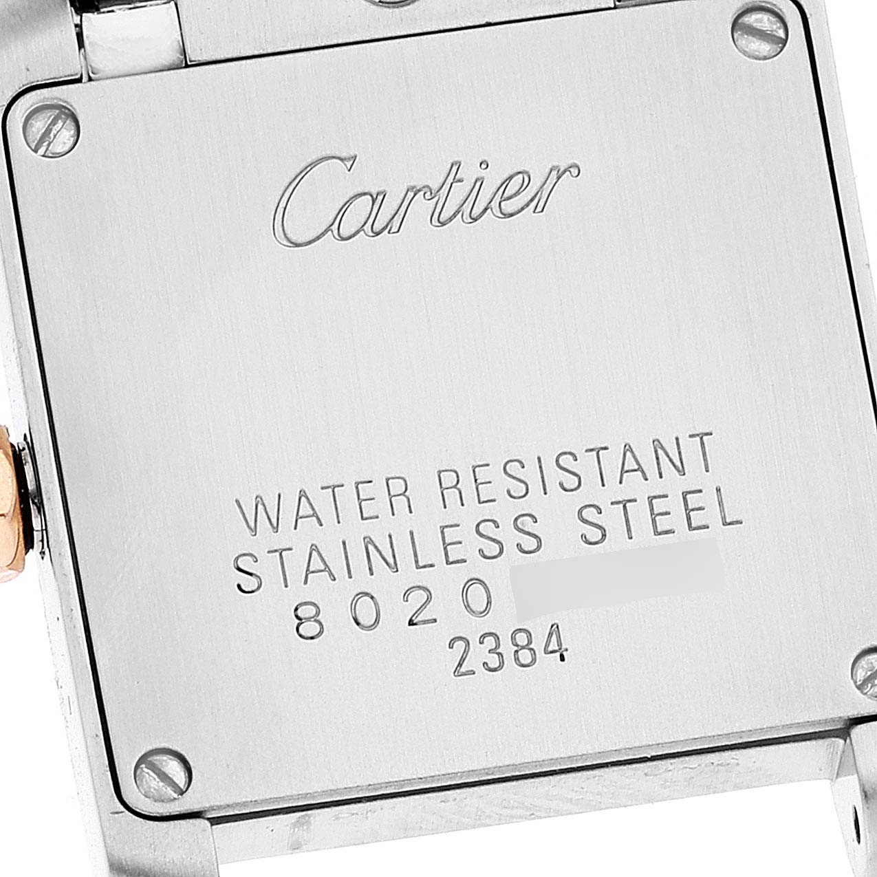 The image shows the back case of a Cartier Tank Francaise W51027Q4 Women's Stainless Steel Mother of Pearl Dial W51027Q4 Women's Stainless Steel Mother of Pearl Dial watch, highlighting its stainless steel material and water resistance.