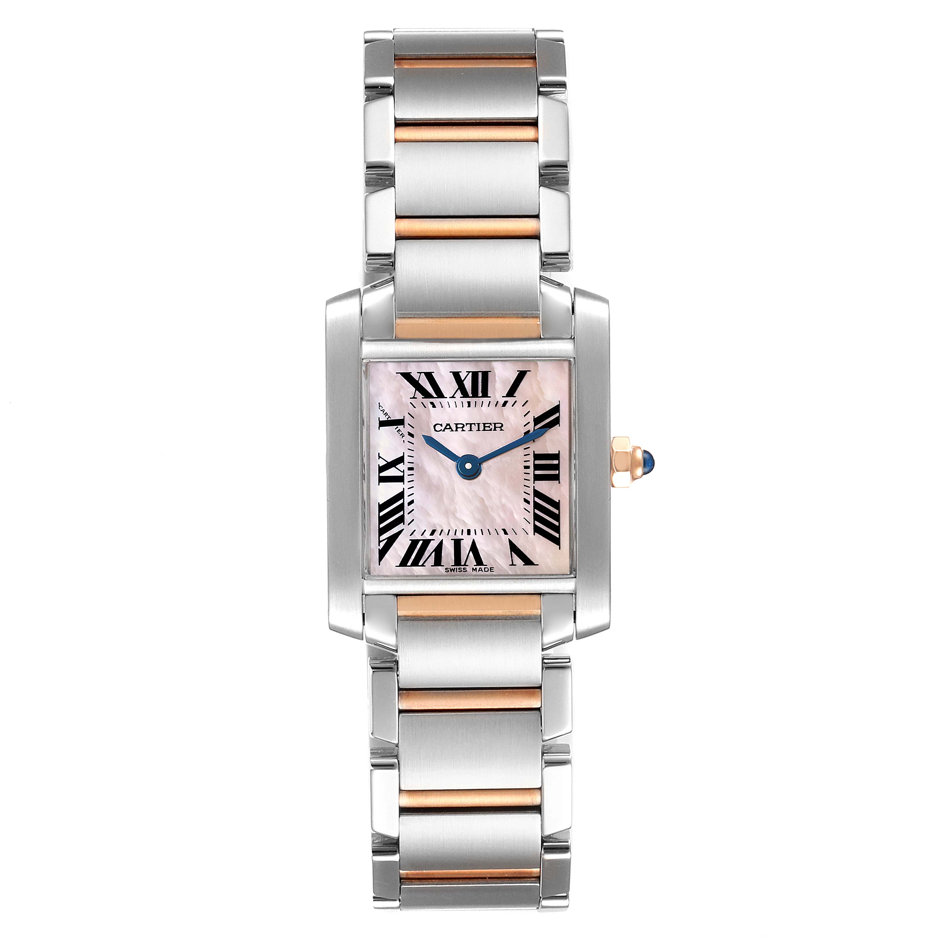The image shows a top-down view of a Cartier Tank Française watch, highlighting the face, bracelet, and crown.