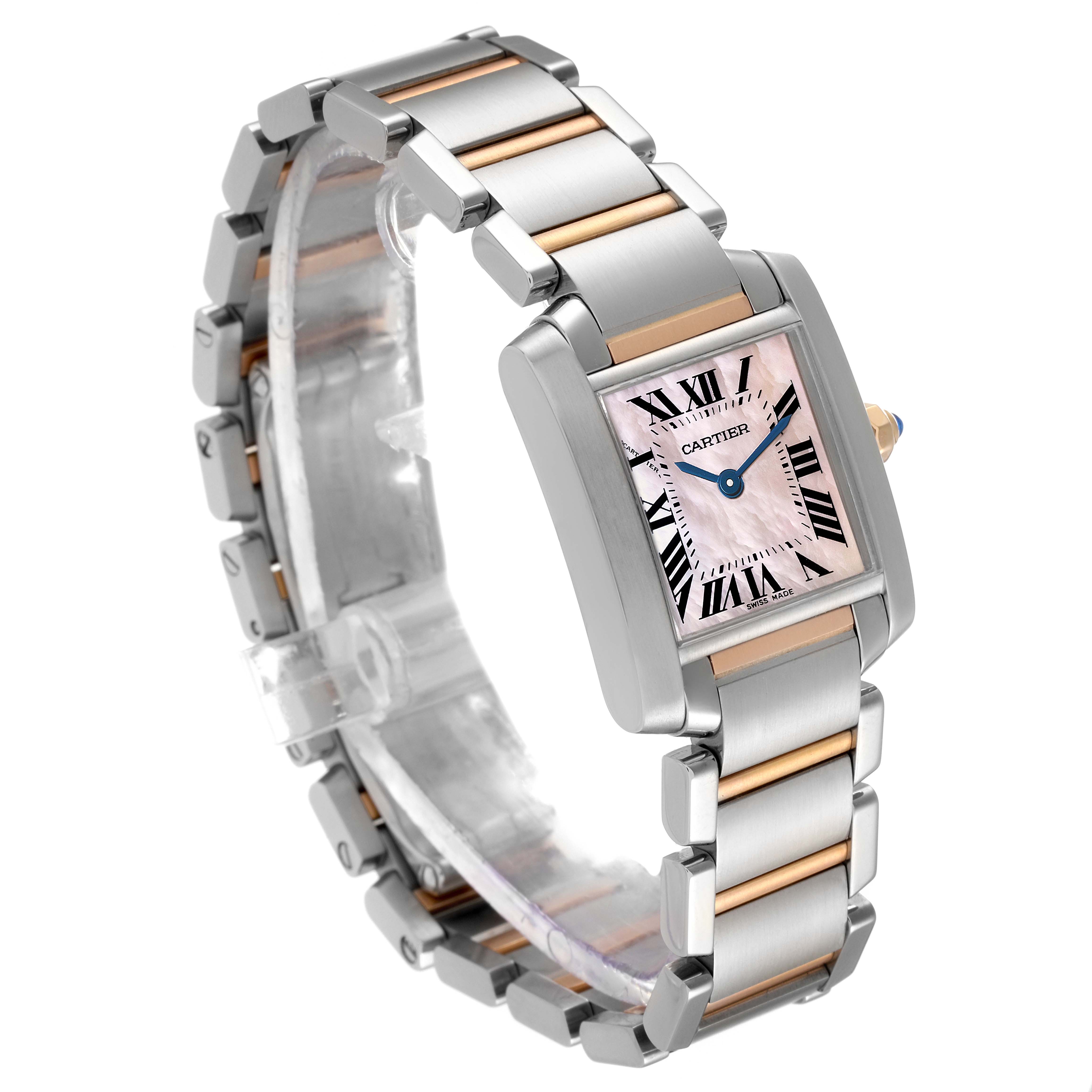 The image shows a Cartier Tank Francaise W51027Q4 Women's Stainless Steel Mother of Pearl Dial W51027Q4 Women's Stainless Steel Mother of Pearl Dial watch at a three-quarter angle, highlighting the bracelet and face details.