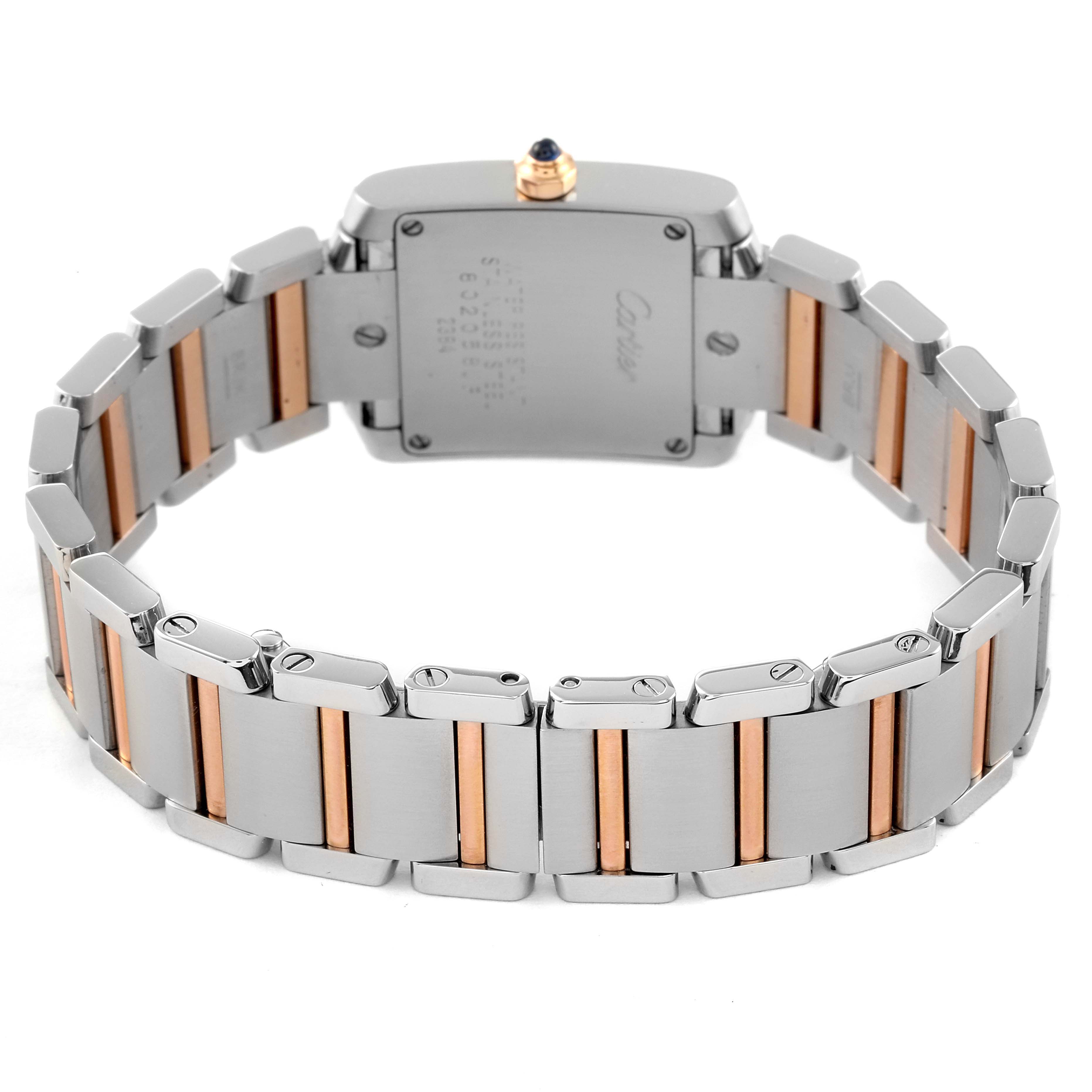 The image shows the back view of the Cartier Tank Francaise W51027Q4 Women's Stainless Steel Mother of Pearl Dial W51027Q4 Women's Stainless Steel Mother of Pearl Dial watch, highlighting the case back and two-tone metal bracelet.