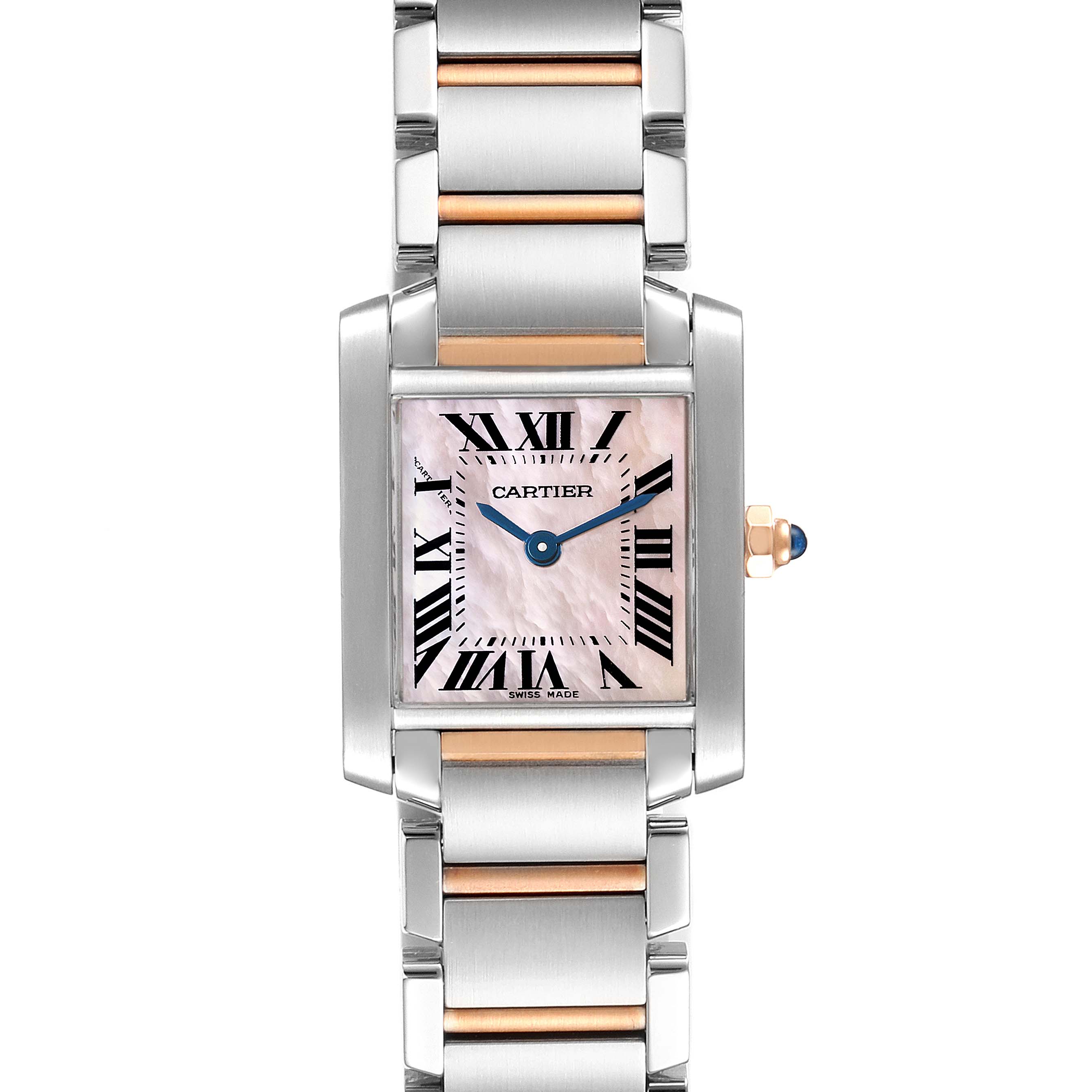 This image showcases the front view of the Cartier Tank Francaise W51027Q4 Women's Stainless Steel Mother of Pearl Dial W51027Q4 Women's Stainless Steel Mother of Pearl Dial watch, highlighting its face, hands, and bracelet.