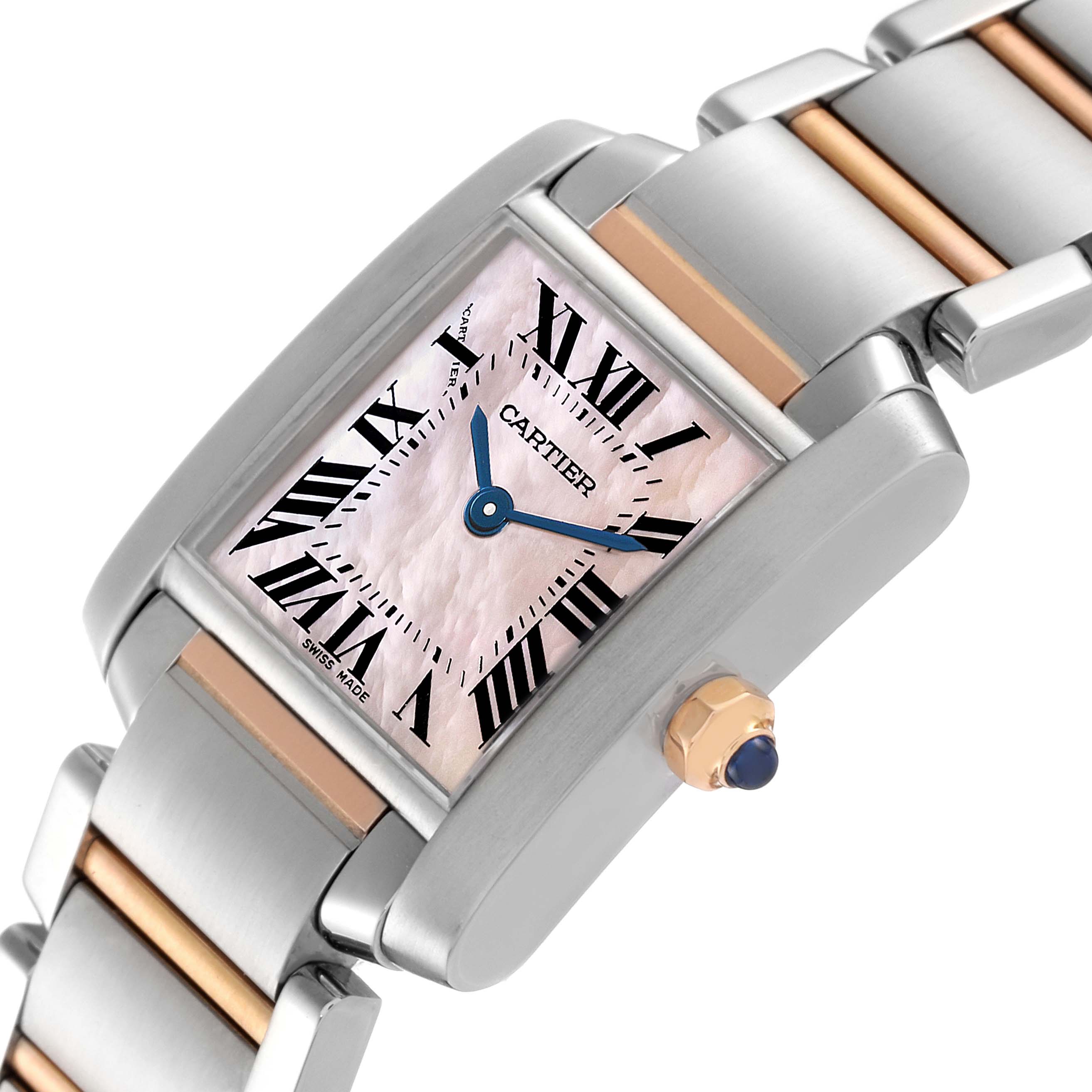 The image shows a Cartier Tank Francaise W51027Q4 Women's Stainless Steel Mother of Pearl Dial W51027Q4 Women's Stainless Steel Mother of Pearl Dial watch at an oblique angle, highlighting its rectangular face, Roman numeral dial, and metal bracelet with gold accents.