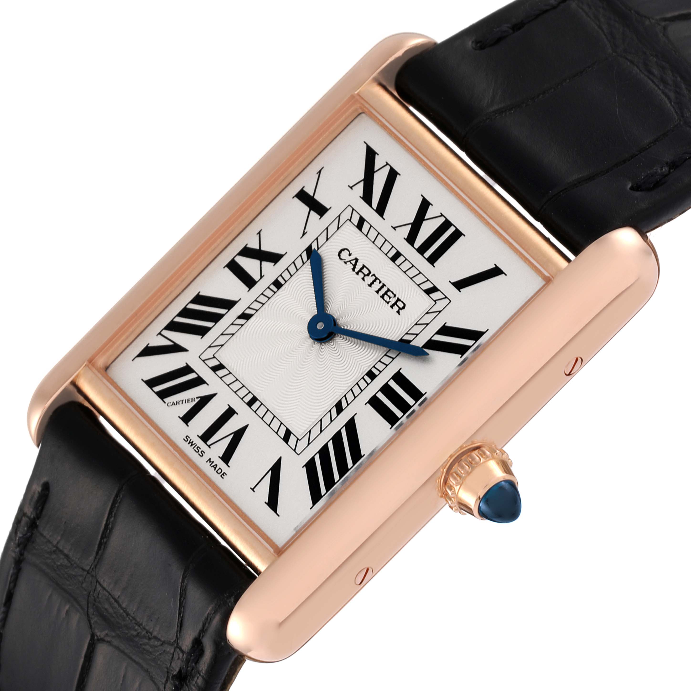 The image shows a close-up of the Cartier Tank Louis WGTA0011 Men's Rose Gold Silver Dial WGTA0011 Men's Rose Gold Silver Dial watch, highlighting its face, Roman numerals, hands, and crown.