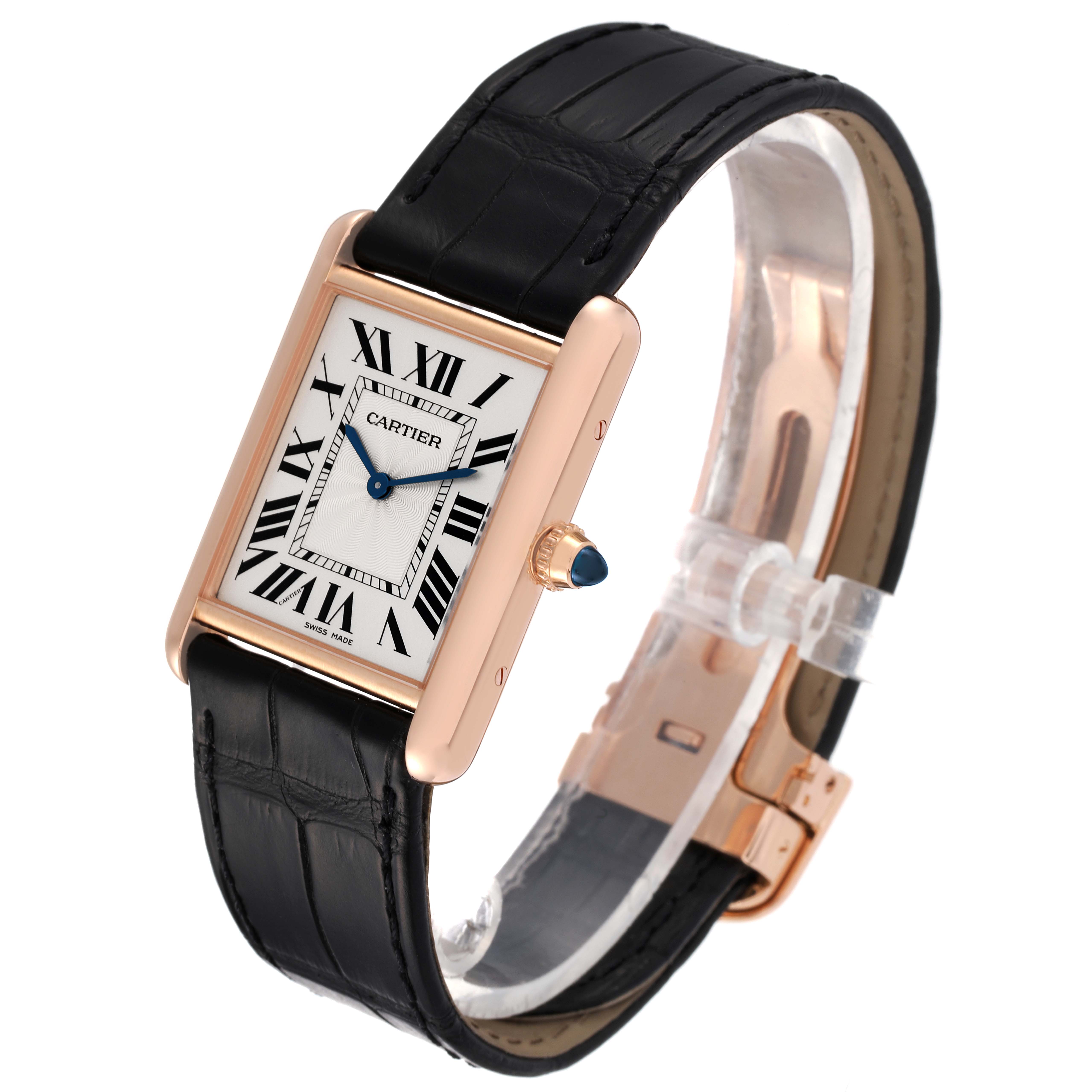 This image shows a Cartier Tank Louis WGTA0011 Men's Rose Gold Silver Dial WGTA0011 Men's Rose Gold Silver Dial watch at a side angle, highlighting its rectangular face, black leather strap, and crown jewel.