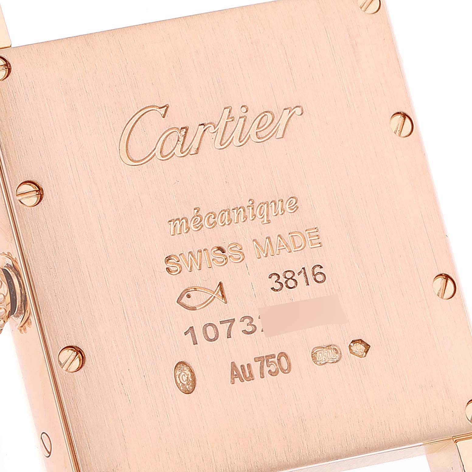 The image shows the back case and engraving of a Cartier Tank Louis WGTA0011 Men's Rose Gold Silver Dial WGTA0011 Men's Rose Gold Silver Dial watch, detailing its specifications.