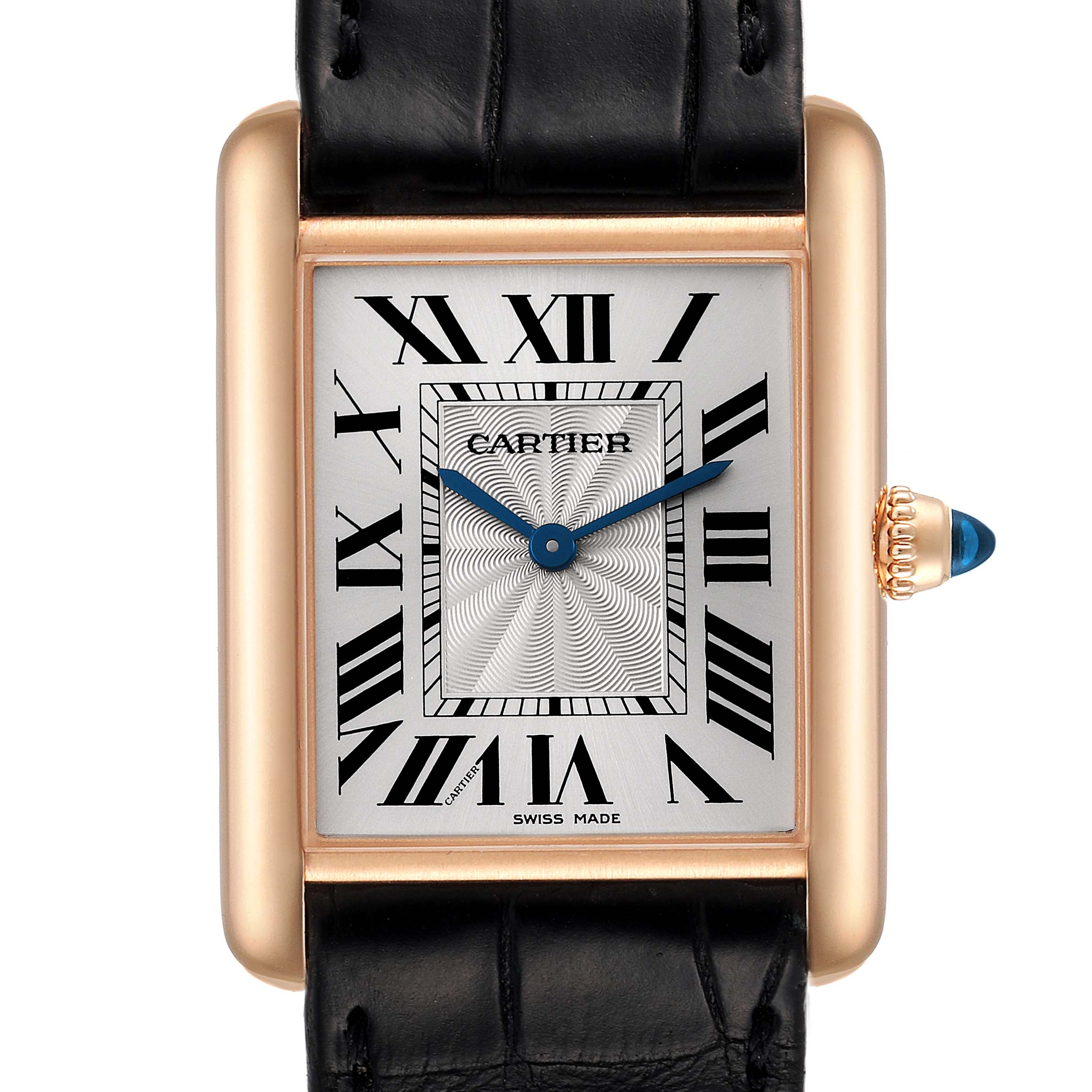 This image shows a front view of the Cartier Tank Louis WGTA0011 Men's Rose Gold Silver Dial WGTA0011 Men's Rose Gold Silver Dial watch, highlighting its rectangular dial, Roman numerals, and crown with a blue cabochon.