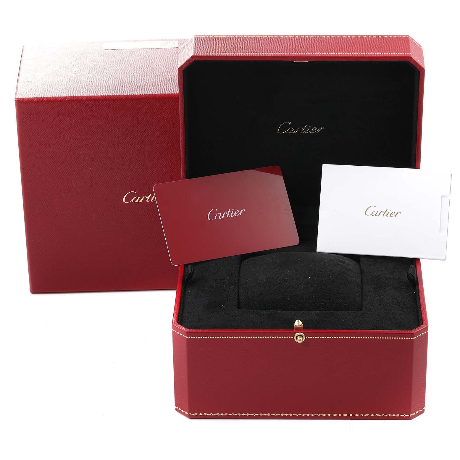 The image shows a Cartier Tank Louis WGTA0011 Men's Rose Gold Silver Dial WGTA0011 Men's Rose Gold Silver Dial watch box and accessories, including red and white cards, displayed at a front angle.