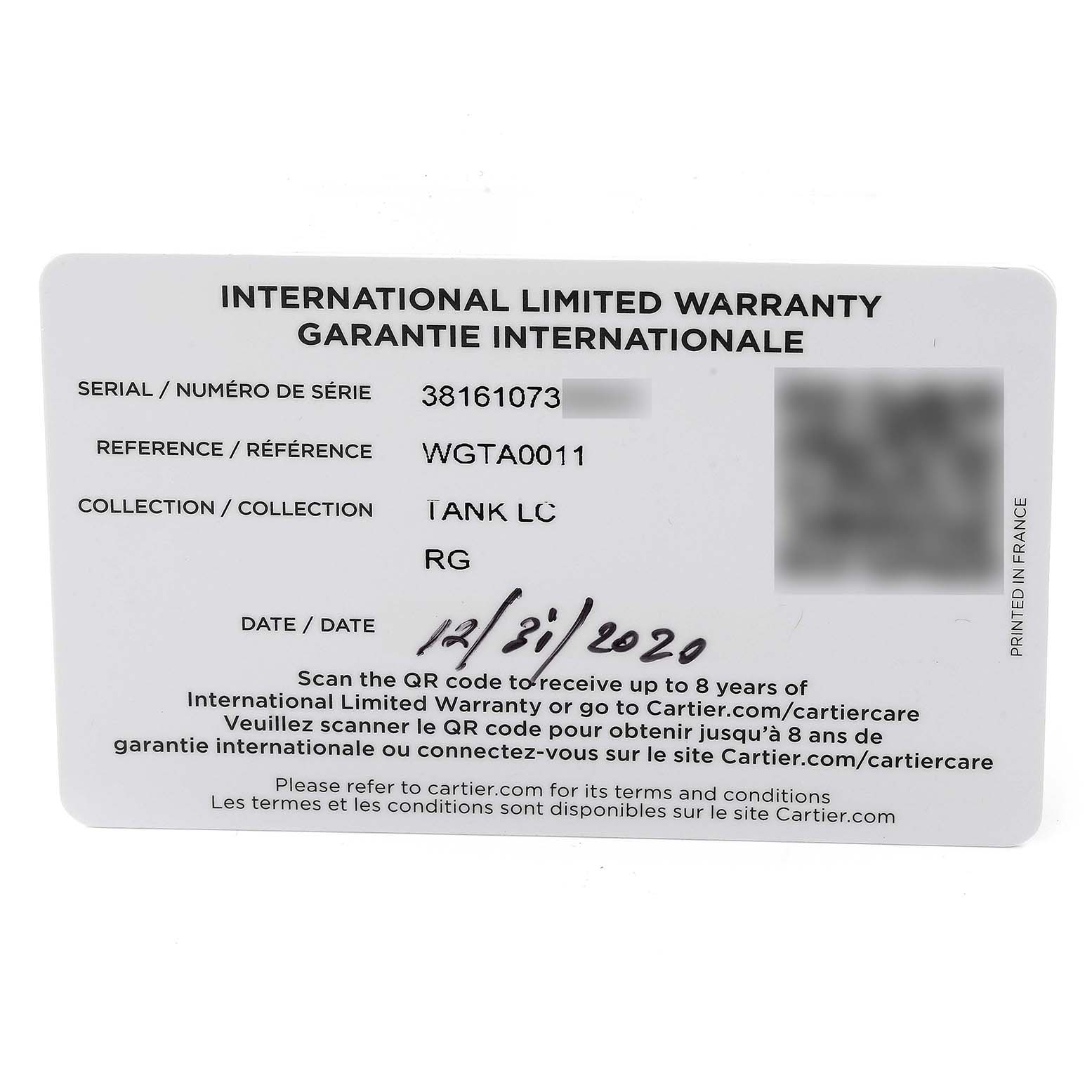 This image shows the international limited warranty card for the Cartier Tank Louis WGTA0011 Men's Rose Gold Silver Dial WGTA0011 Men's Rose Gold Silver Dial model watch.