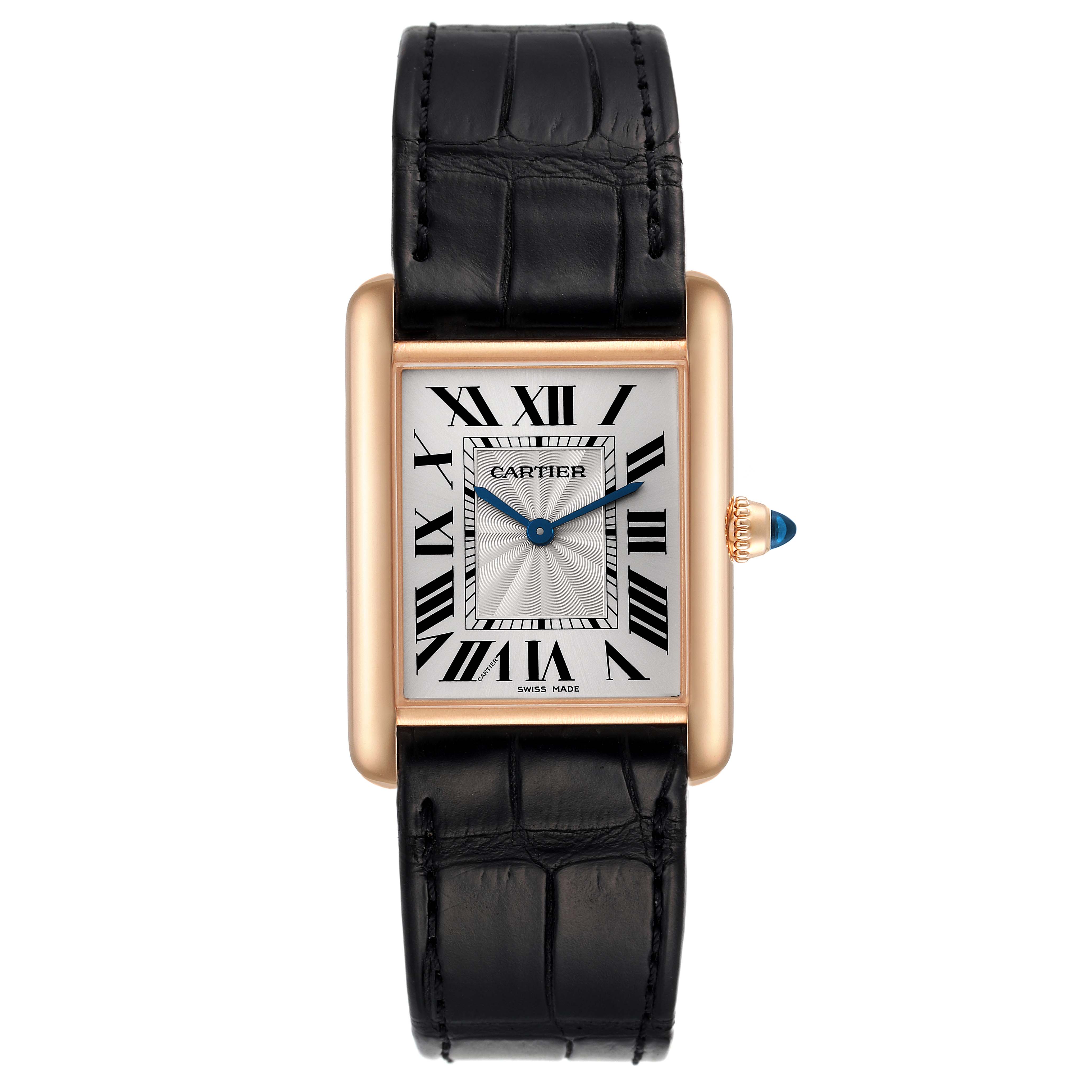 This image shows a frontal view of a Tank Louis model watch by Cartier, highlighting the face, case, crown, and strap.