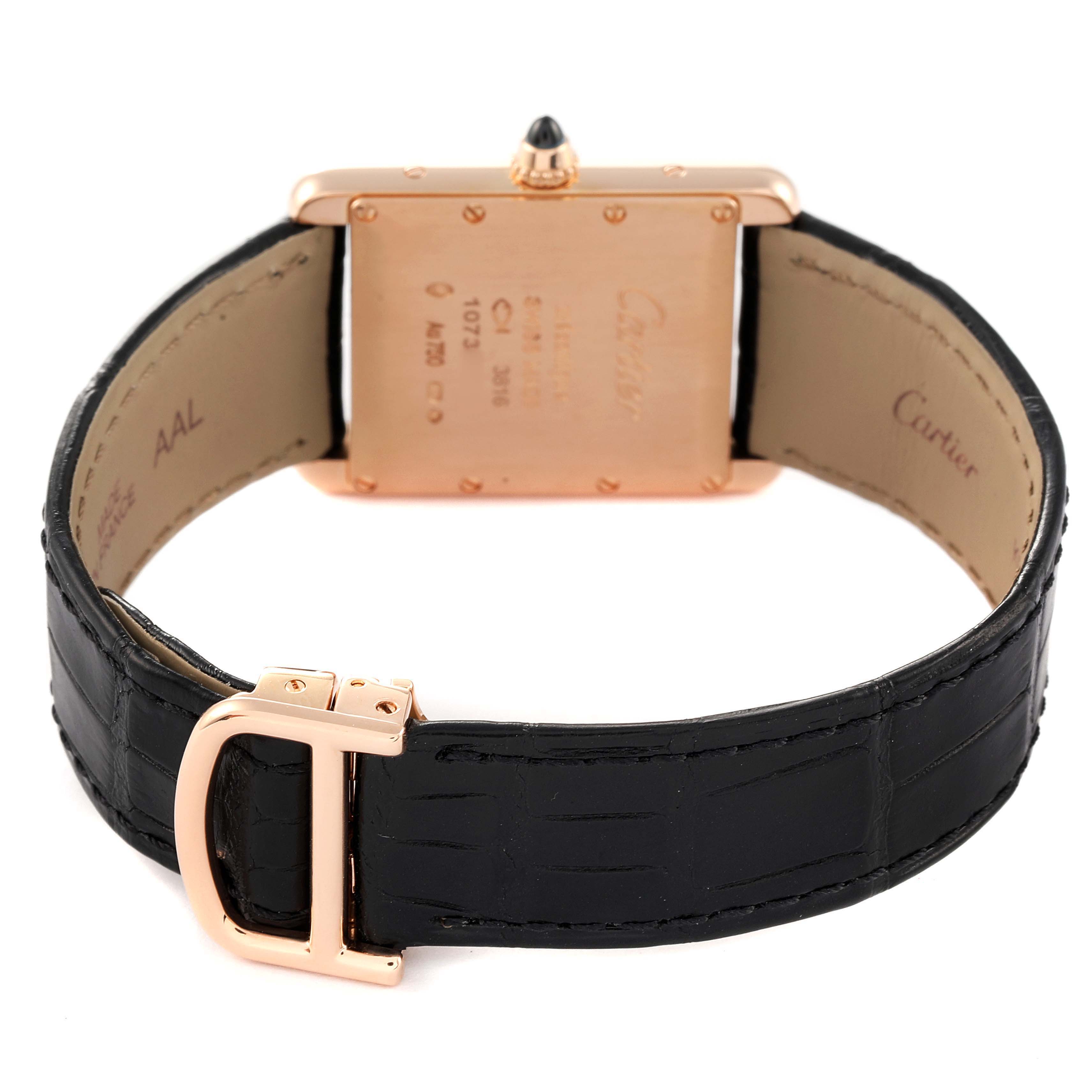 The image shows the back view of the Cartier Tank Louis WGTA0011 Men's Rose Gold Silver Dial WGTA0011 Men's Rose Gold Silver Dial watch, displaying the back case and black leather strap with a gold buckle.