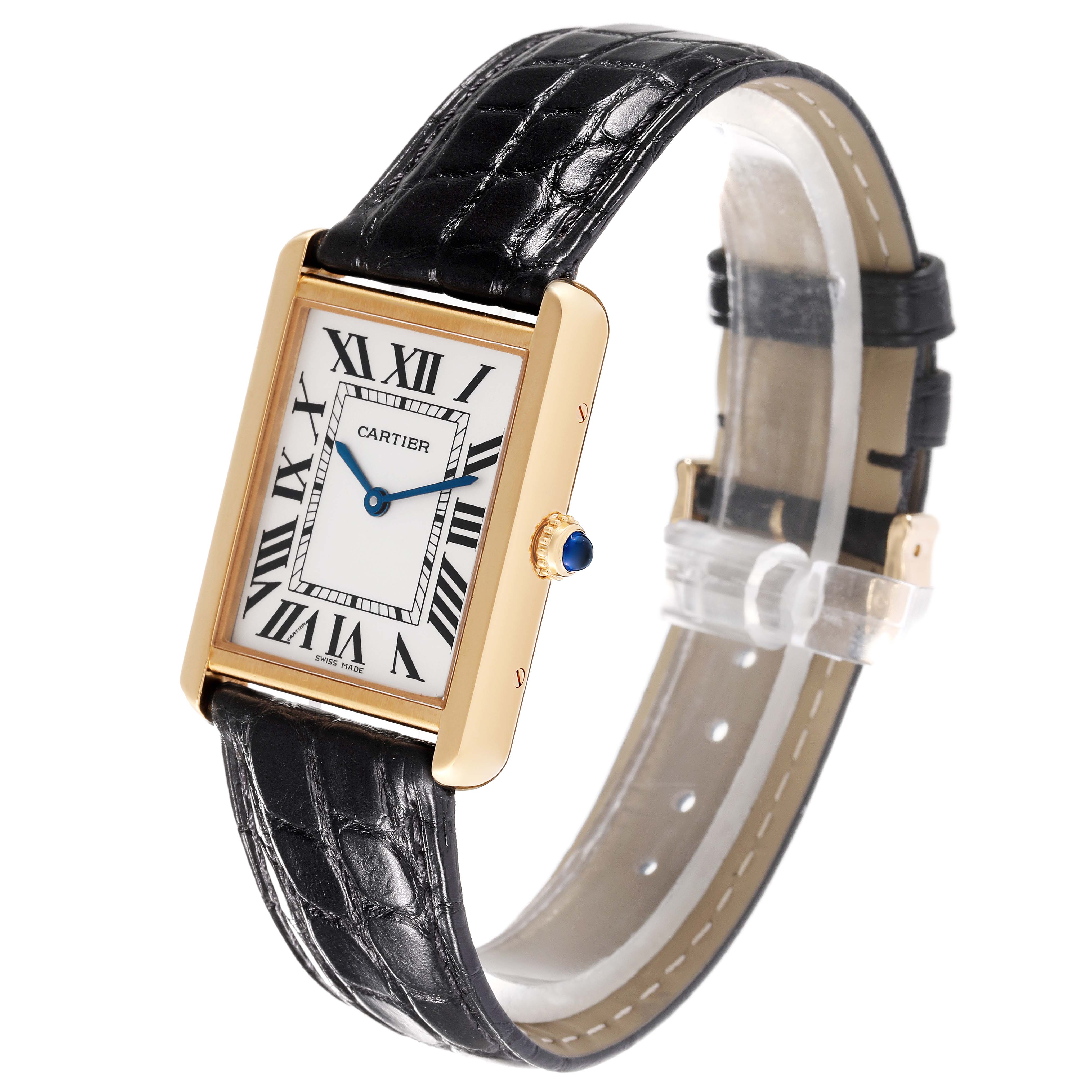 The Cartier Tank Solo W5200004 Men's Steel and Gold (two tone) Silver Dial W5200004 Men's Steel and Gold (two tone) Silver Dial watch is shown at an angled side view, highlighting its face, strap, and gold case with a blue cabochon crown.