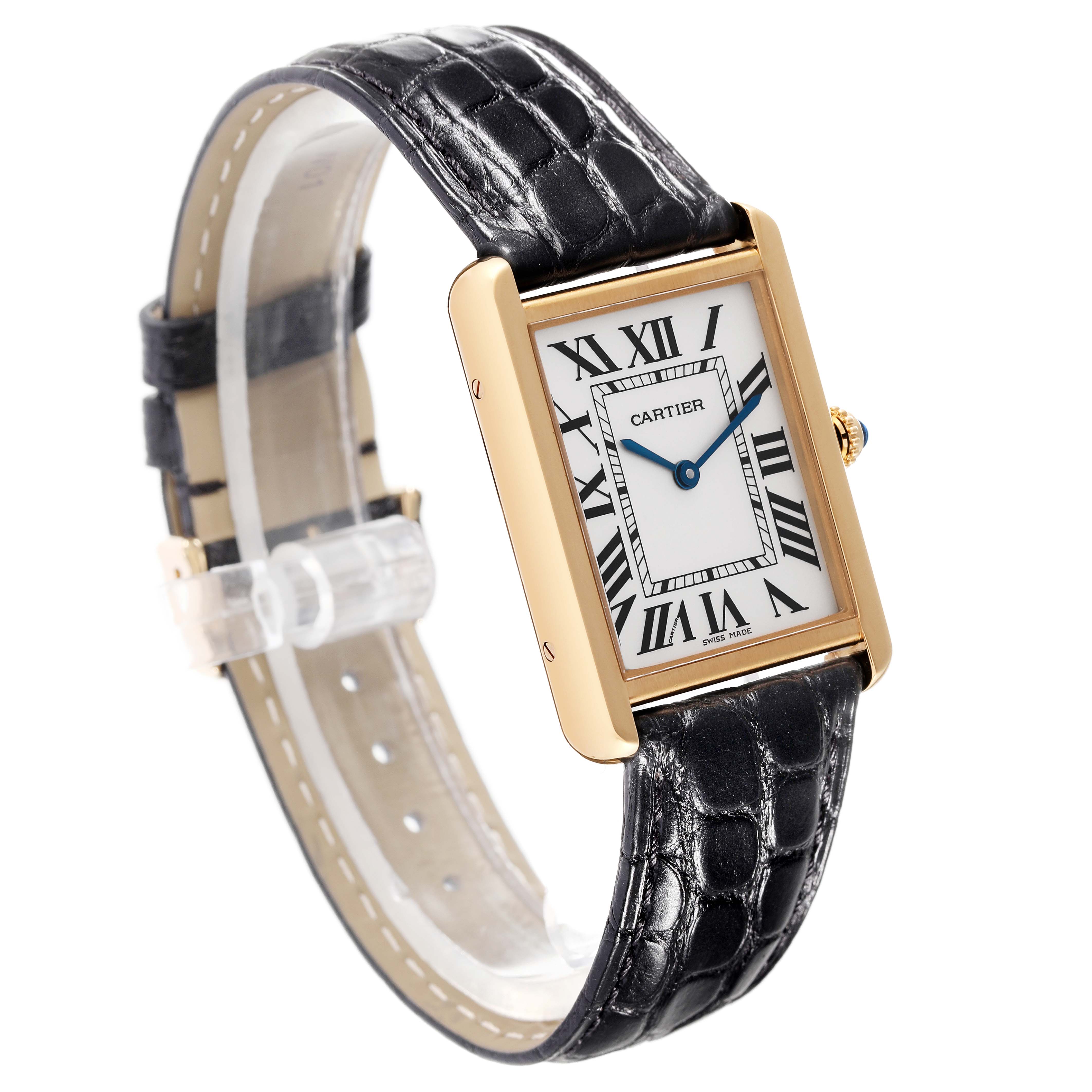 The image shows a Cartier Tank Solo W5200004 Men's Steel and Gold (two tone) Silver Dial W5200004 Men's Steel and Gold (two tone) Silver Dial watch from an angled side view, highlighting its rectangular face, gold casing, and black leather strap.