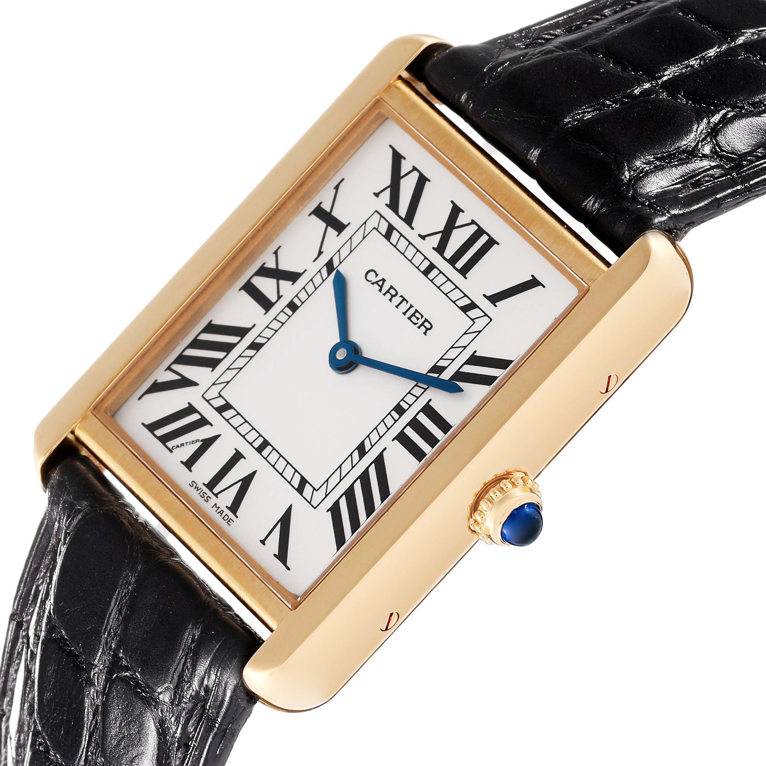 This angled view of the Cartier Tank Solo W5200004 Men's Steel and Gold (two tone) Silver Dial W5200004 Men's Steel and Gold (two tone) Silver Dial model shows the dial, case, crown with blue cabochon, and black leather strap.