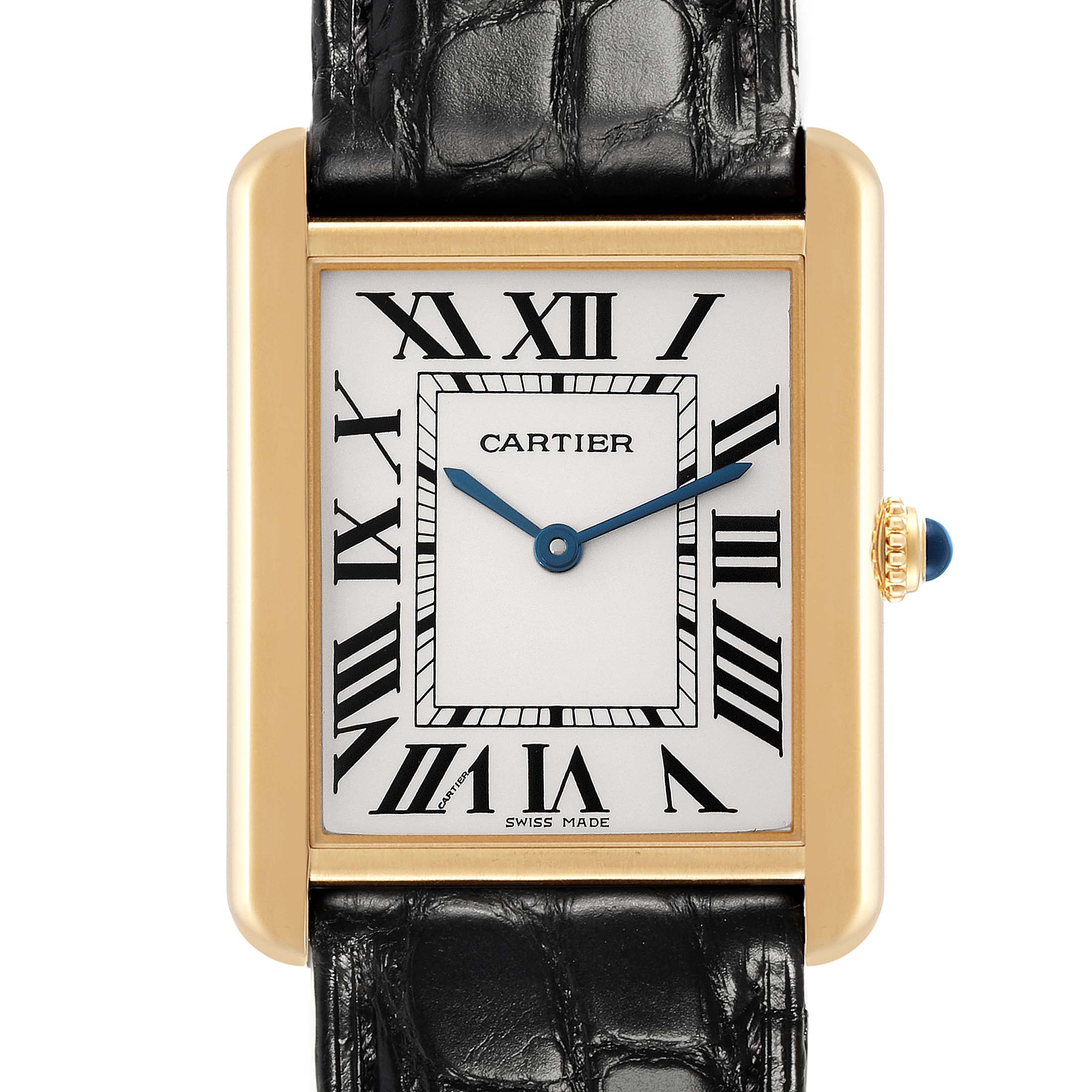 This image shows a front view of the Cartier Tank Solo W5200004 Men's Steel and Gold (two tone) Silver Dial W5200004 Men's Steel and Gold (two tone) Silver Dial watch, highlighting its rectangular gold case, Roman numerals, and black leather strap.