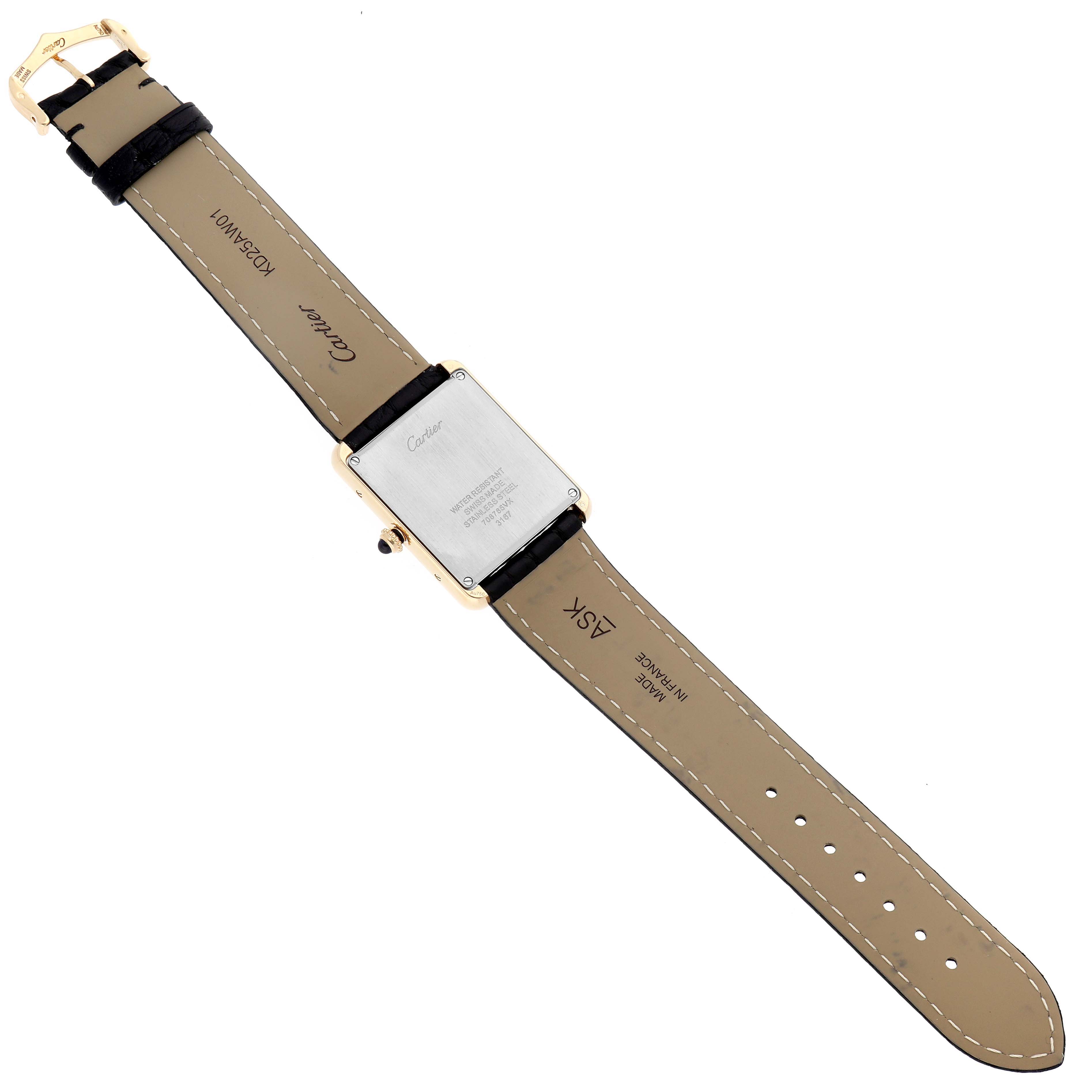 The image shows the back view of a Cartier Tank Solo W5200004 Men's Steel and Gold (two tone) Silver Dial W5200004 Men's Steel and Gold (two tone) Silver Dial watch, displaying the case back and leather strap.