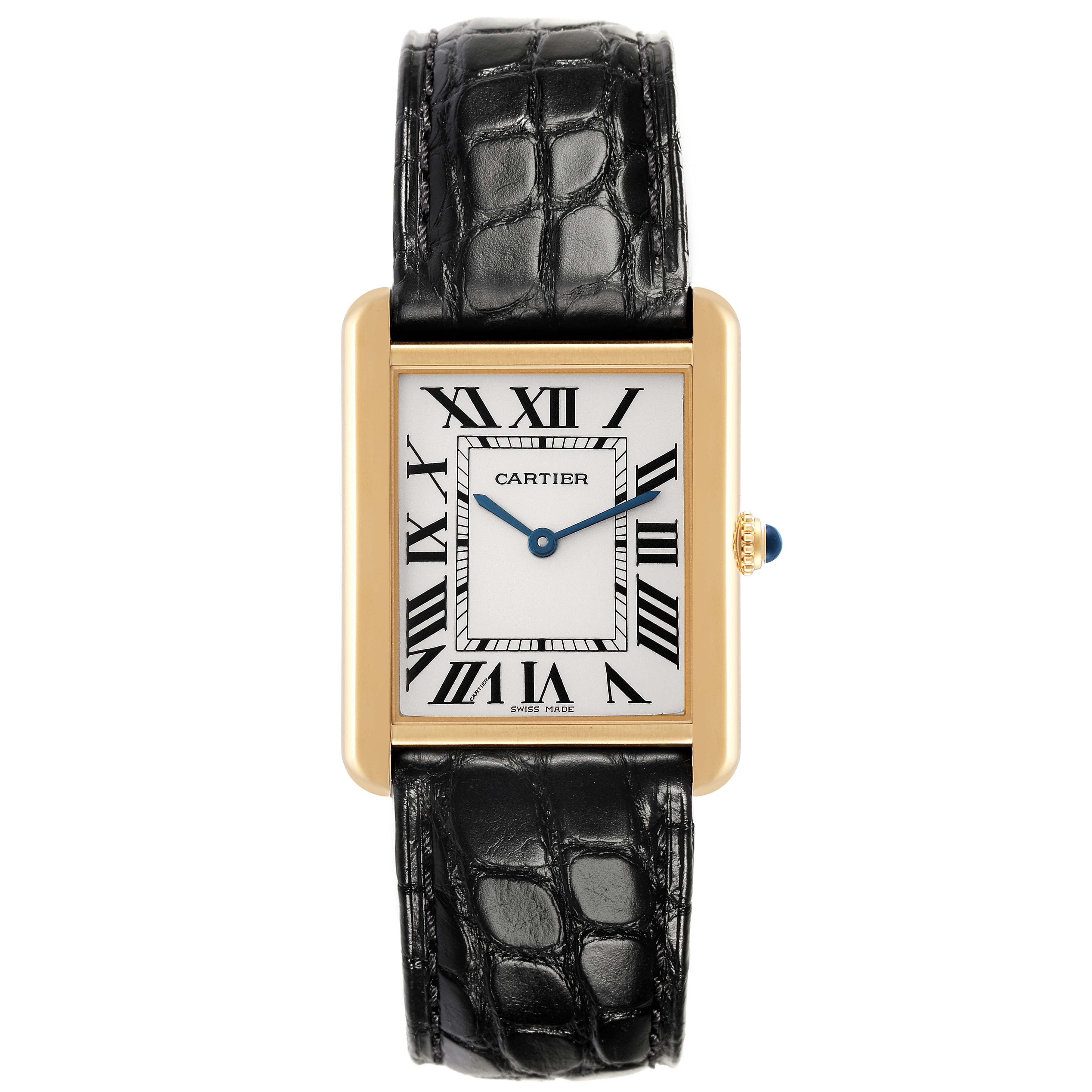 The image shows a top-down view of the Cartier Tank Solo W5200004 Men's Steel and Gold (two tone) Silver Dial W5200004 Men's Steel and Gold (two tone) Silver Dial model watch, featuring its rectangular face, Roman numerals, leather strap, and gold bezel.