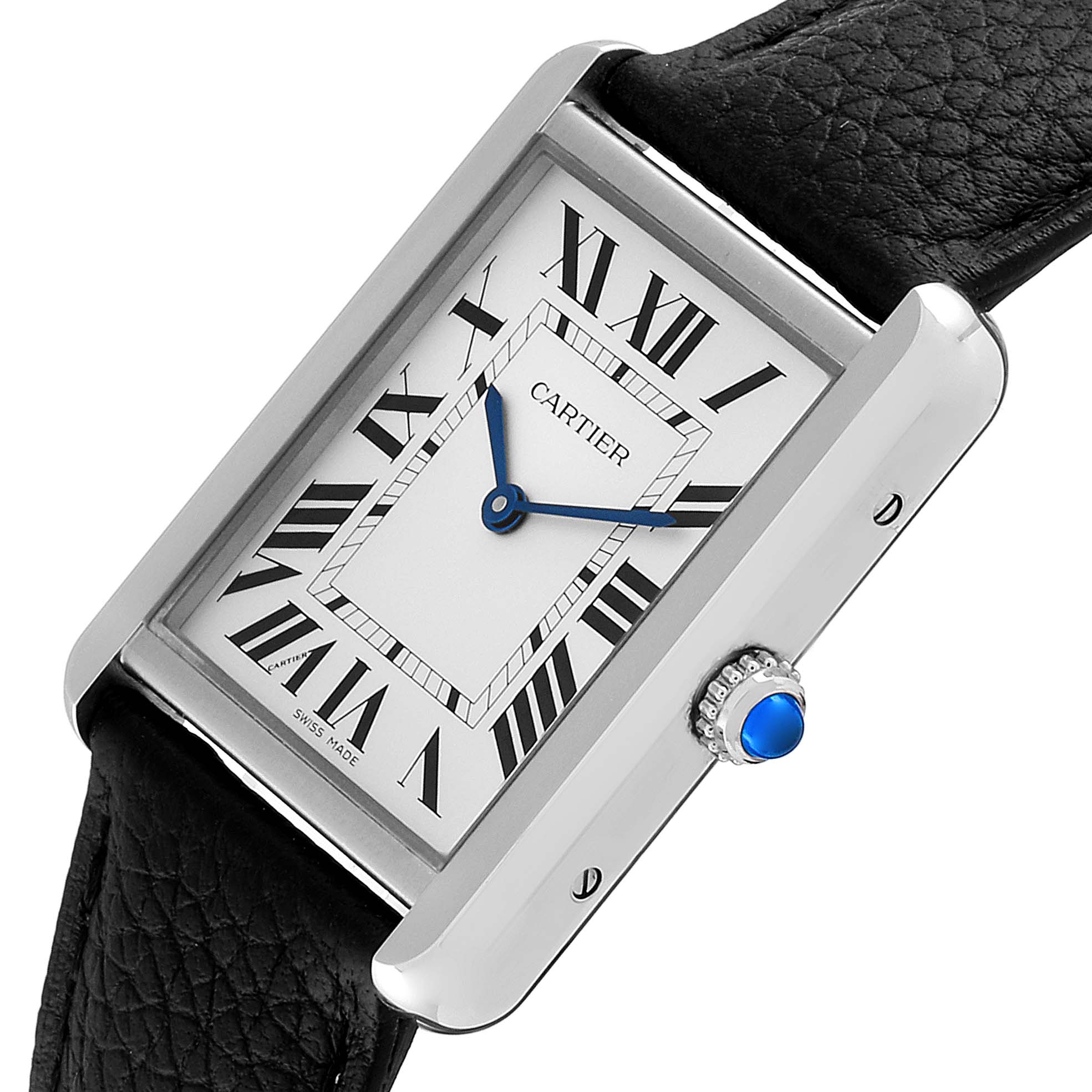 The image shows a Cartier Tank Solo W1018355 Men's Stainless Steel Silver Dial W1018355 Men's Stainless Steel Silver Dial watch from a front-facing angle, highlighting its face, strap, and blue crown.