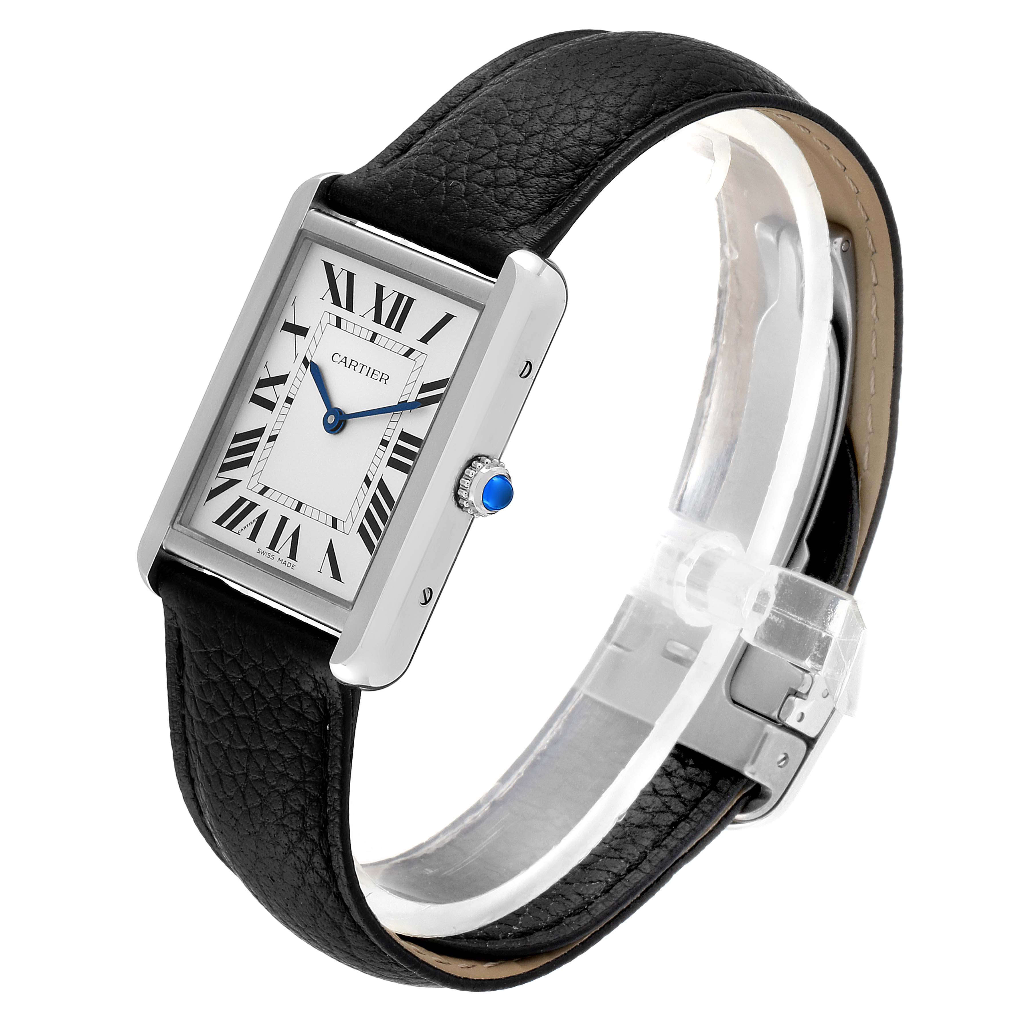 The Cartier Tank Solo W1018355 Men's Stainless Steel Silver Dial W1018355 Men's Stainless Steel Silver Dial watch is shown at an angle displaying the face, crown with a blue gem, and black leather strap.