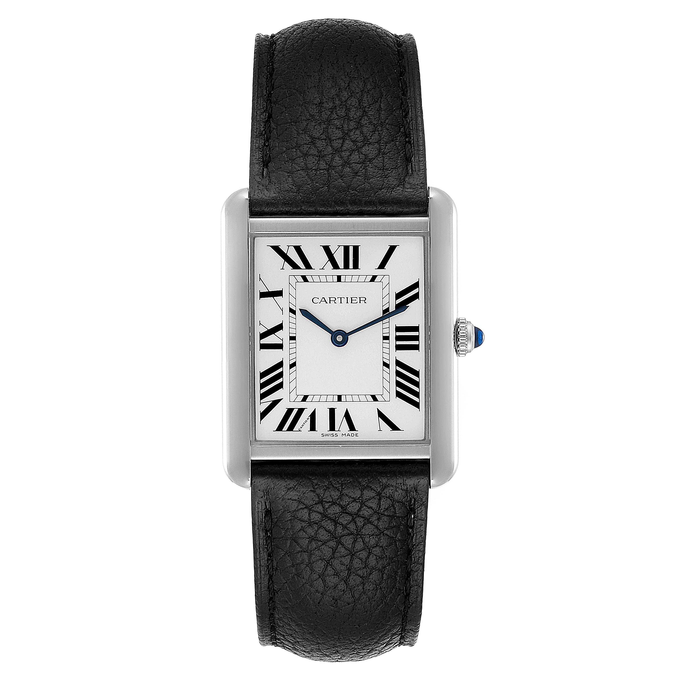 The Cartier Tank Solo W1018355 Men's Stainless Steel Silver Dial W1018355 Men's Stainless Steel Silver Dial watch is shown from the front, displaying the face, hands, markers, and leather strap.