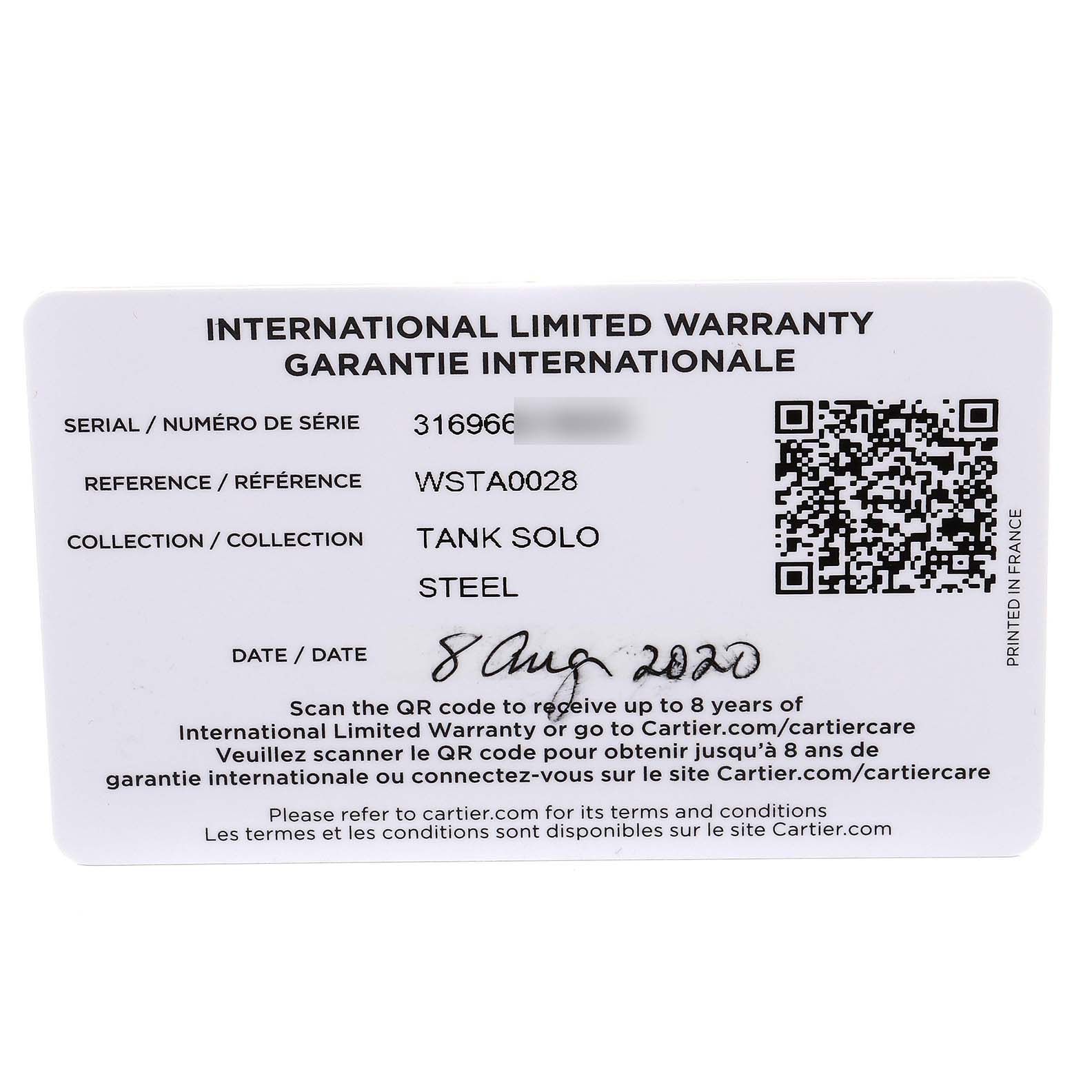 This is the International Limited Warranty card for the Cartier Tank Solo W1018355 Men's Stainless Steel Silver Dial W1018355 Men's Stainless Steel Silver Dial model watch.