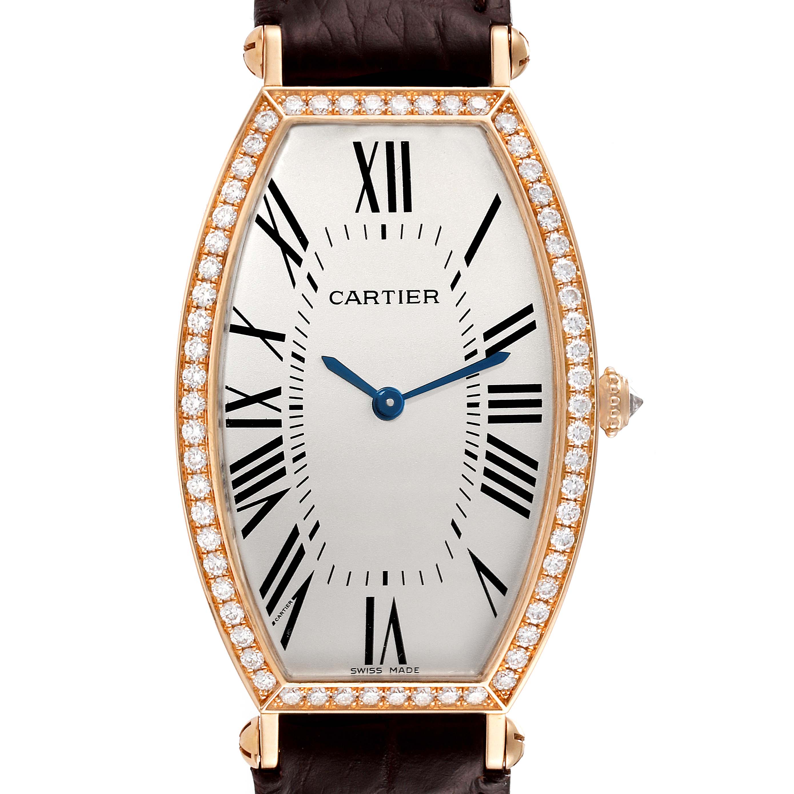 The image shows a frontal view of the Cartier Tonneau 2849 Women's Rose Gold Silver Dial 2849 Women's Rose Gold Silver Dial watch with a leather strap, diamond bezel, Roman numerals, and blue hands.