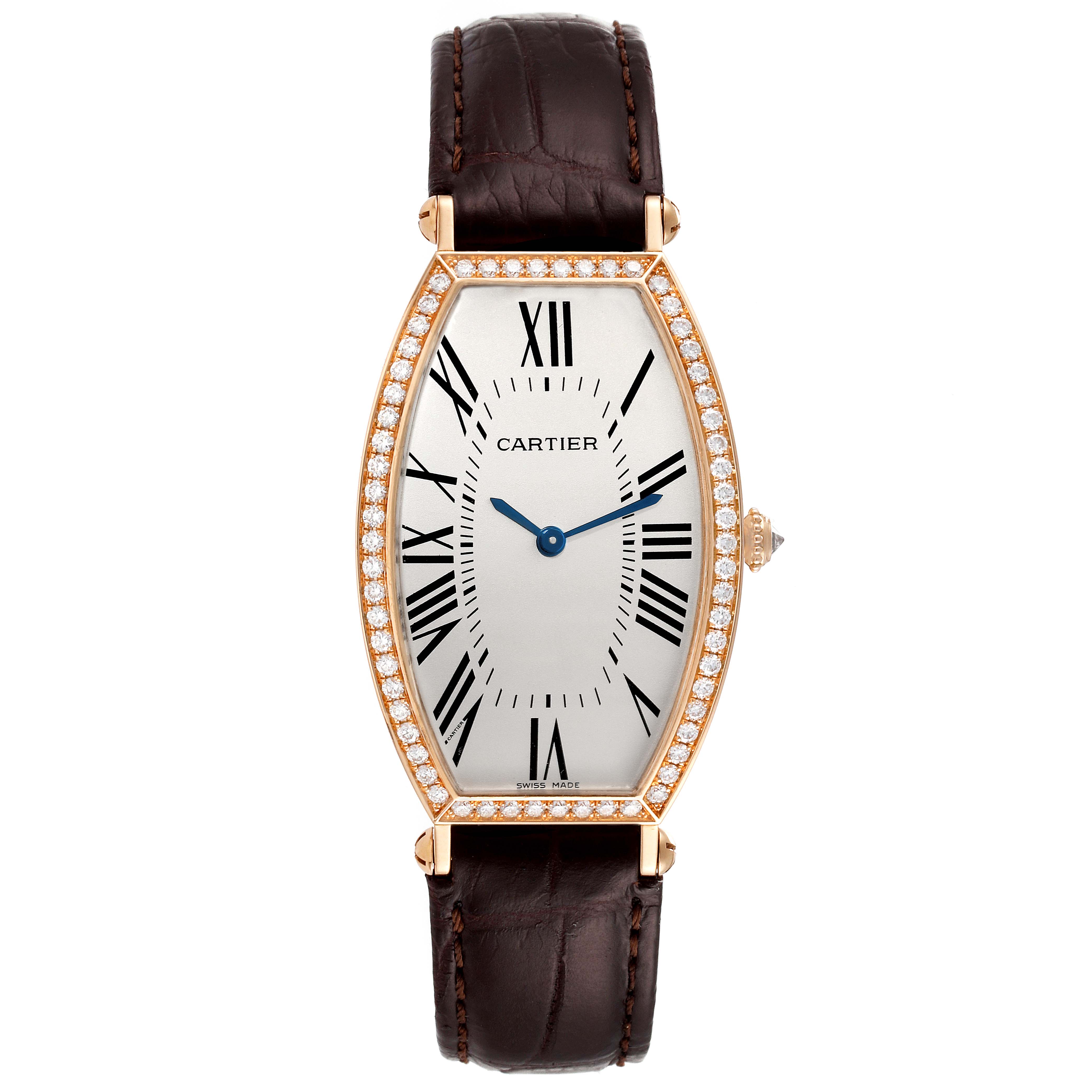 This image shows a frontal view of the Cartier Tonneau 2849 Women's Rose Gold Silver Dial 2849 Women's Rose Gold Silver Dial watch, highlighting its diamond bezel and Roman numeral dial.