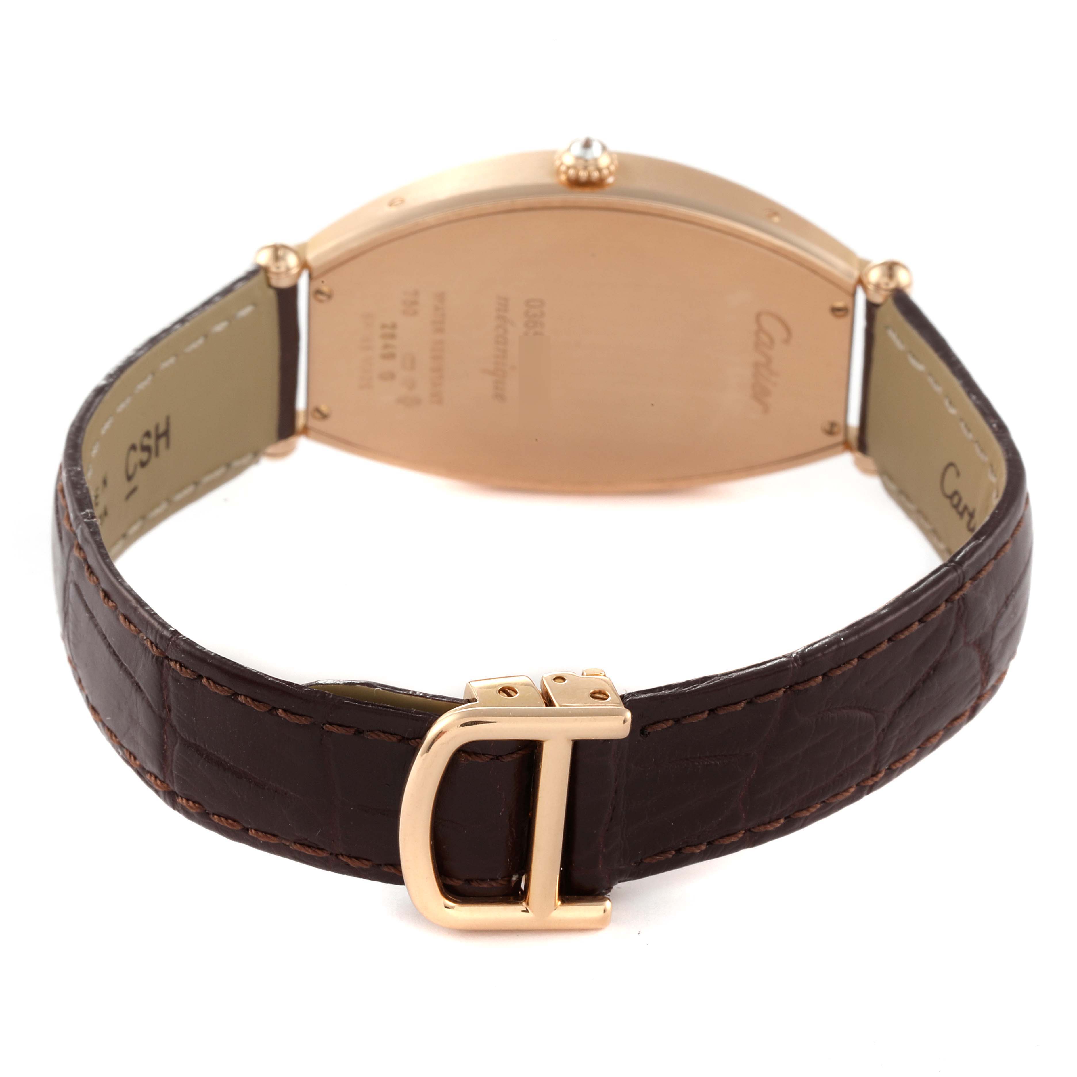 This image shows the back and leather strap of a Cartier Tonneau 2849 Women's Rose Gold Silver Dial 2849 Women's Rose Gold Silver Dial model watch, highlighting the clasp and case back.