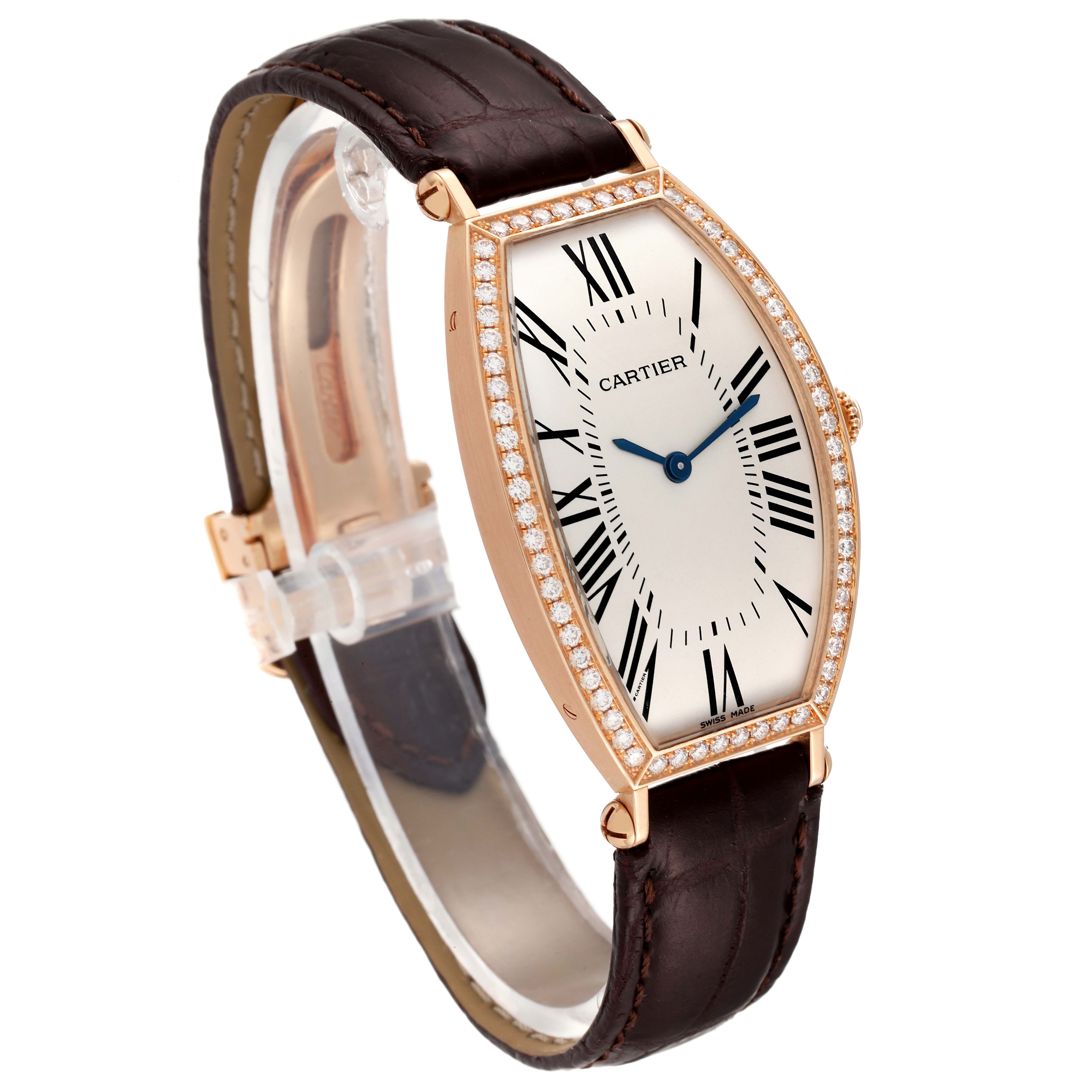 The image shows a side angle view of the Cartier Tonneau 2849 Women's Rose Gold Silver Dial 2849 Women's Rose Gold Silver Dial watch, highlighting the watch face, bezel, and leather strap.