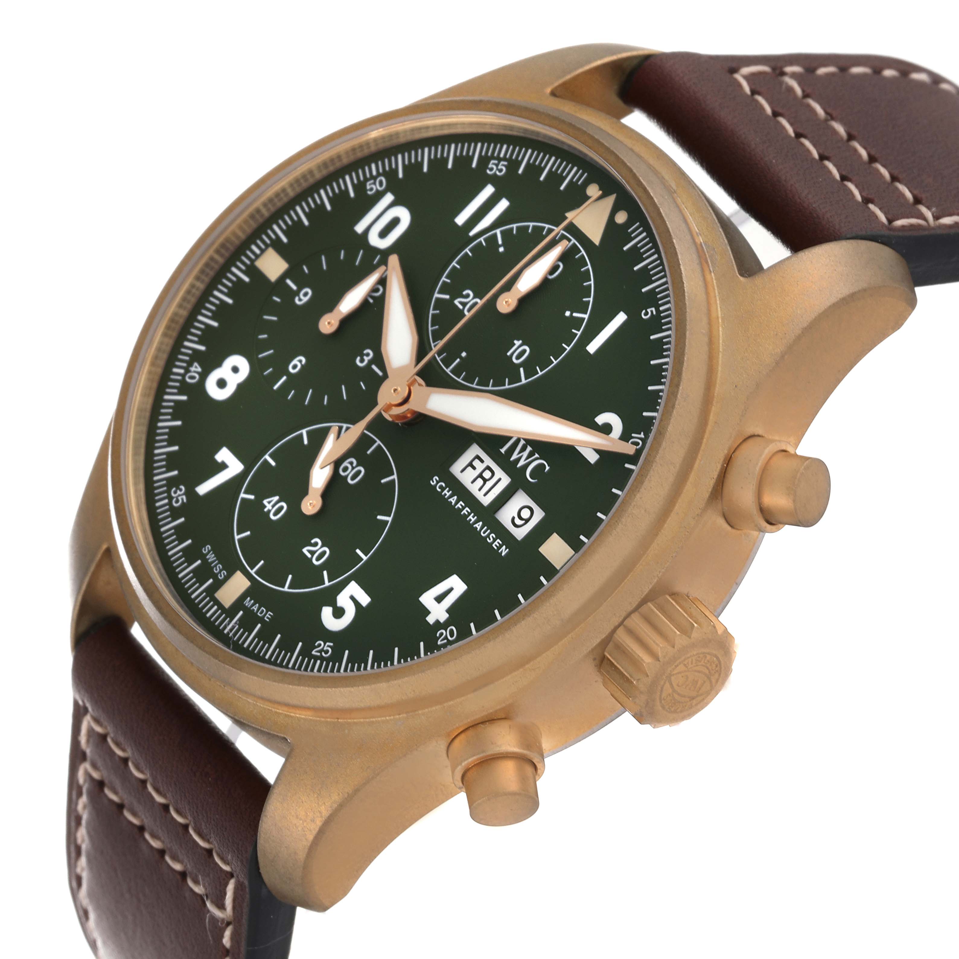 This image shows an angled view of an IWC Pilot IW387902 Men's Bronze Green Dial IW387902 Men's Bronze Green Dial watch, revealing the face, crown, pushers, and part of the leather strap.