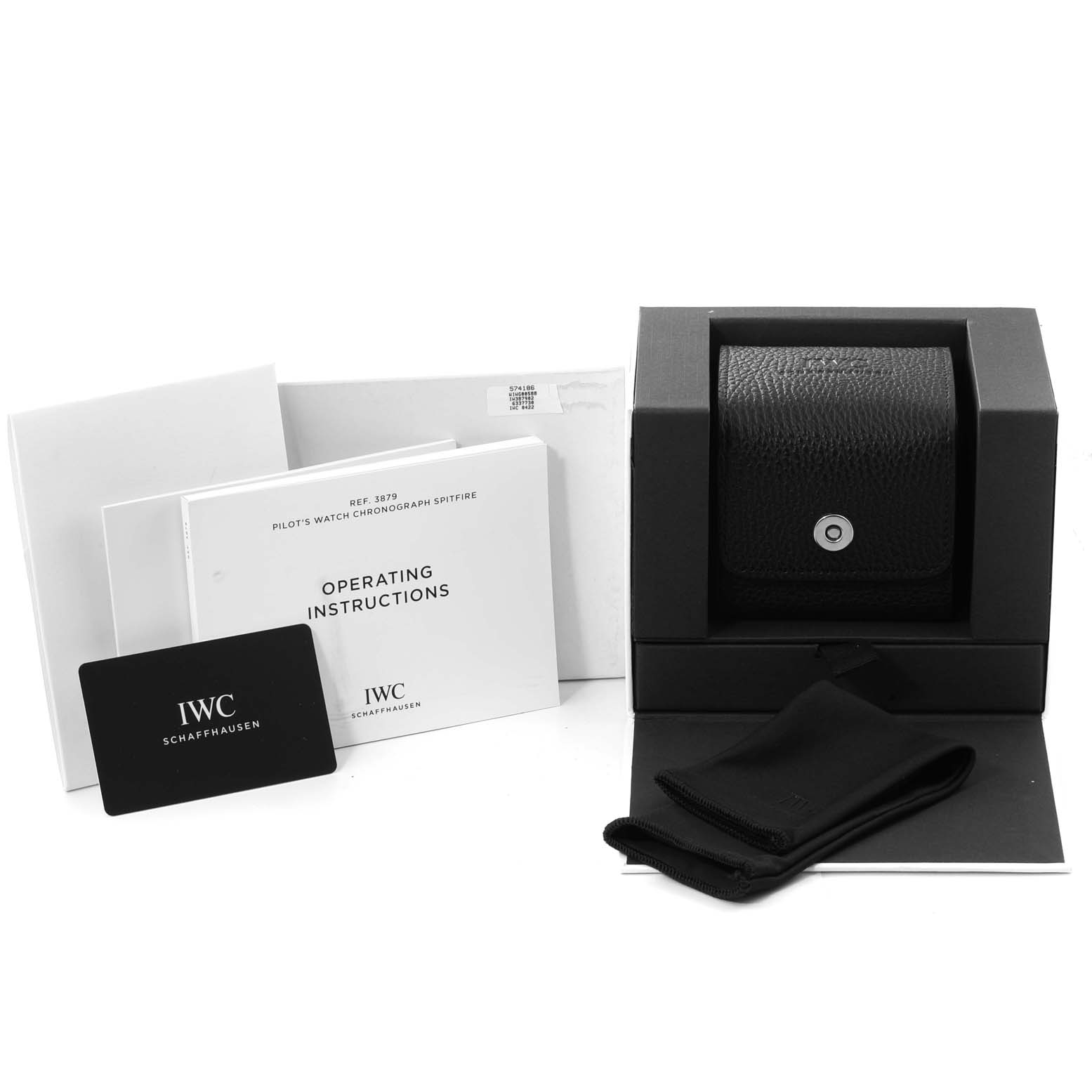 The image shows the packaging, operating instructions, and cleaning cloth for the IWC Pilot IW387902 Men's Bronze Green Dial IW387902 Men's Bronze Green Dial model watch, viewed from the front.