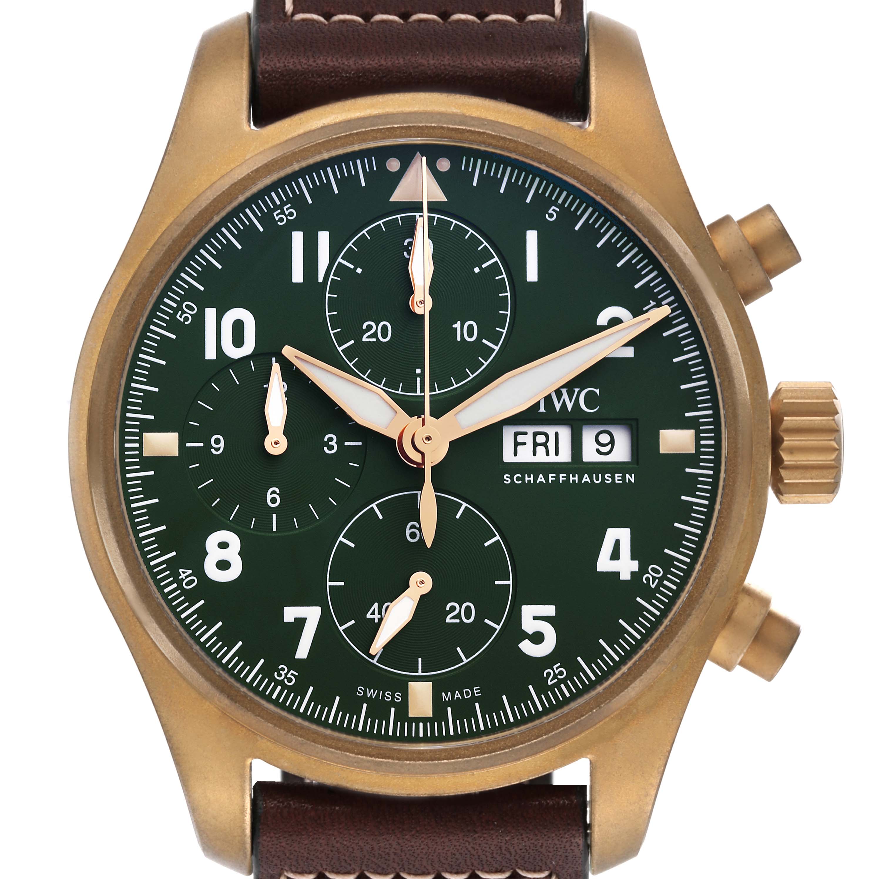 This image shows a front view of the IWC Pilot IW387902 Men's Bronze Green Dial IW387902 Men's Bronze Green Dial model watch with a green dial, chronograph sub-dials, and a leather strap.