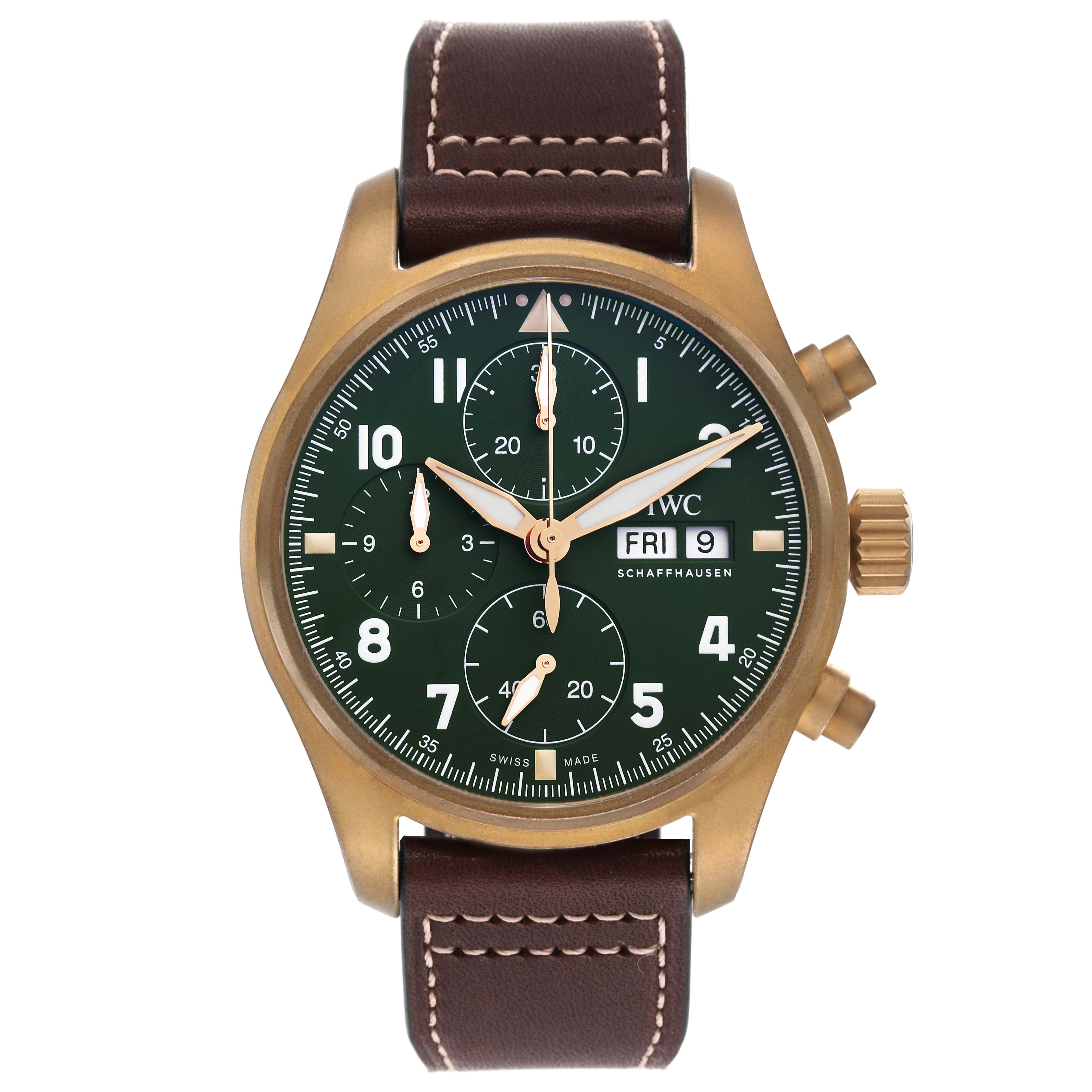 This image shows a front view of an IWC Pilot IW387902 Men's Bronze Green Dial IW387902 Men's Bronze Green Dial model watch, featuring a green dial, brown leather strap, and gold-toned case and buttons.