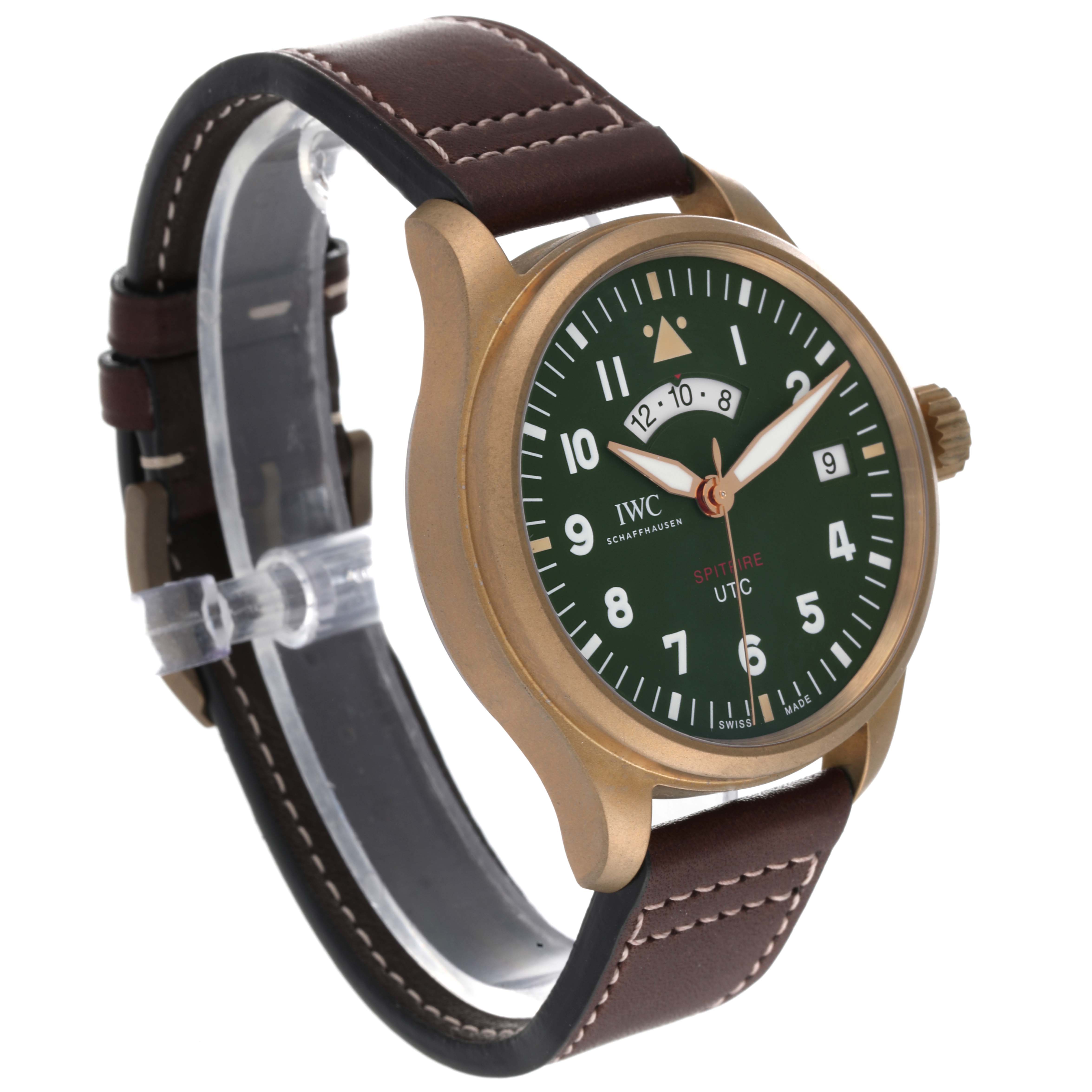 The IWC Pilot IW327101 Men's Bronze Green Dial IW327101 Men's Bronze Green Dial watch is shown from a front-side angle, highlighting the face, crown, and half of the strap.